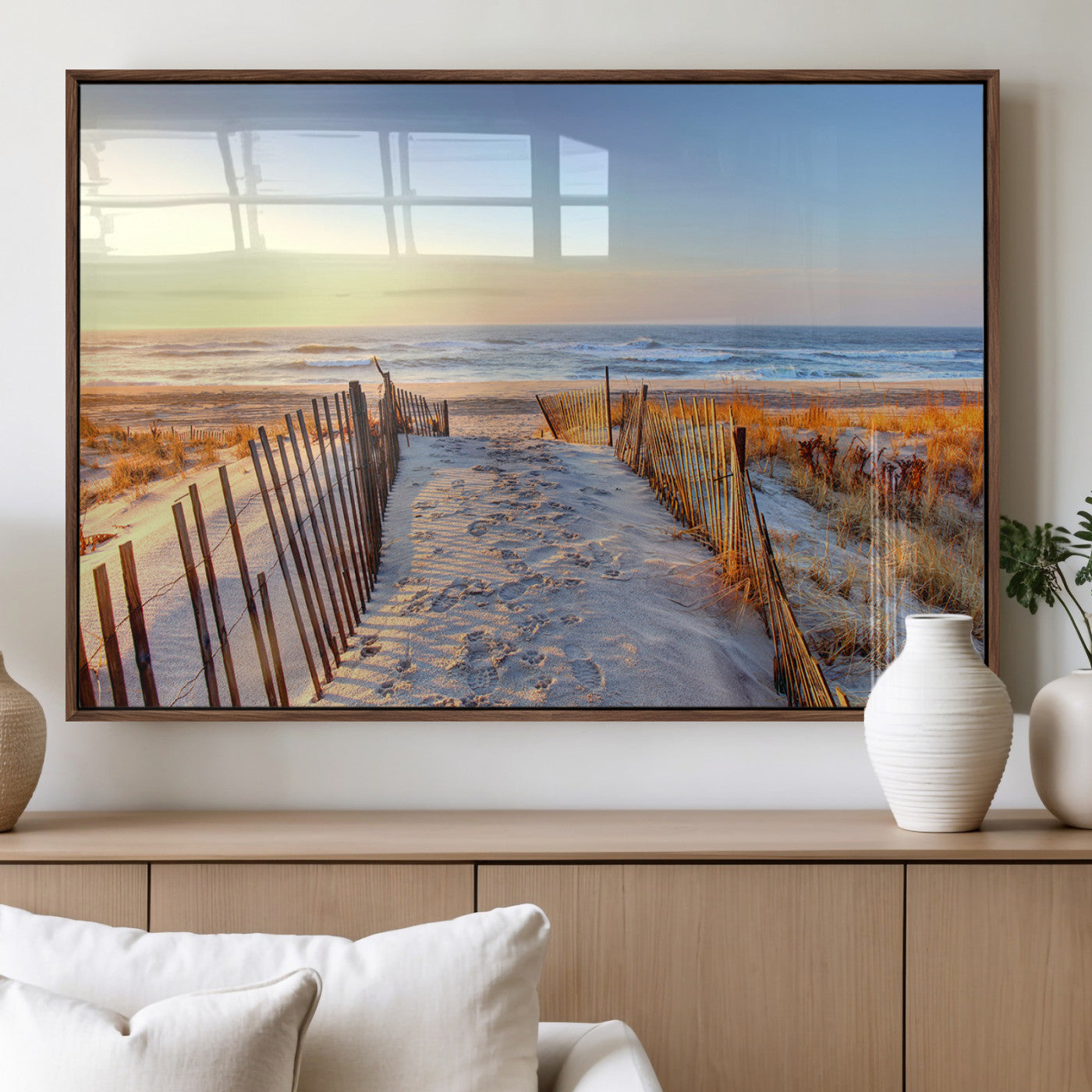 73351887-MGV-FP-36X24-3P_Walnut-Ocean Sunset Wall Art Canvas Print – Nautical Beach Photography Summer Coastal Serenity Artwork for Home, Office