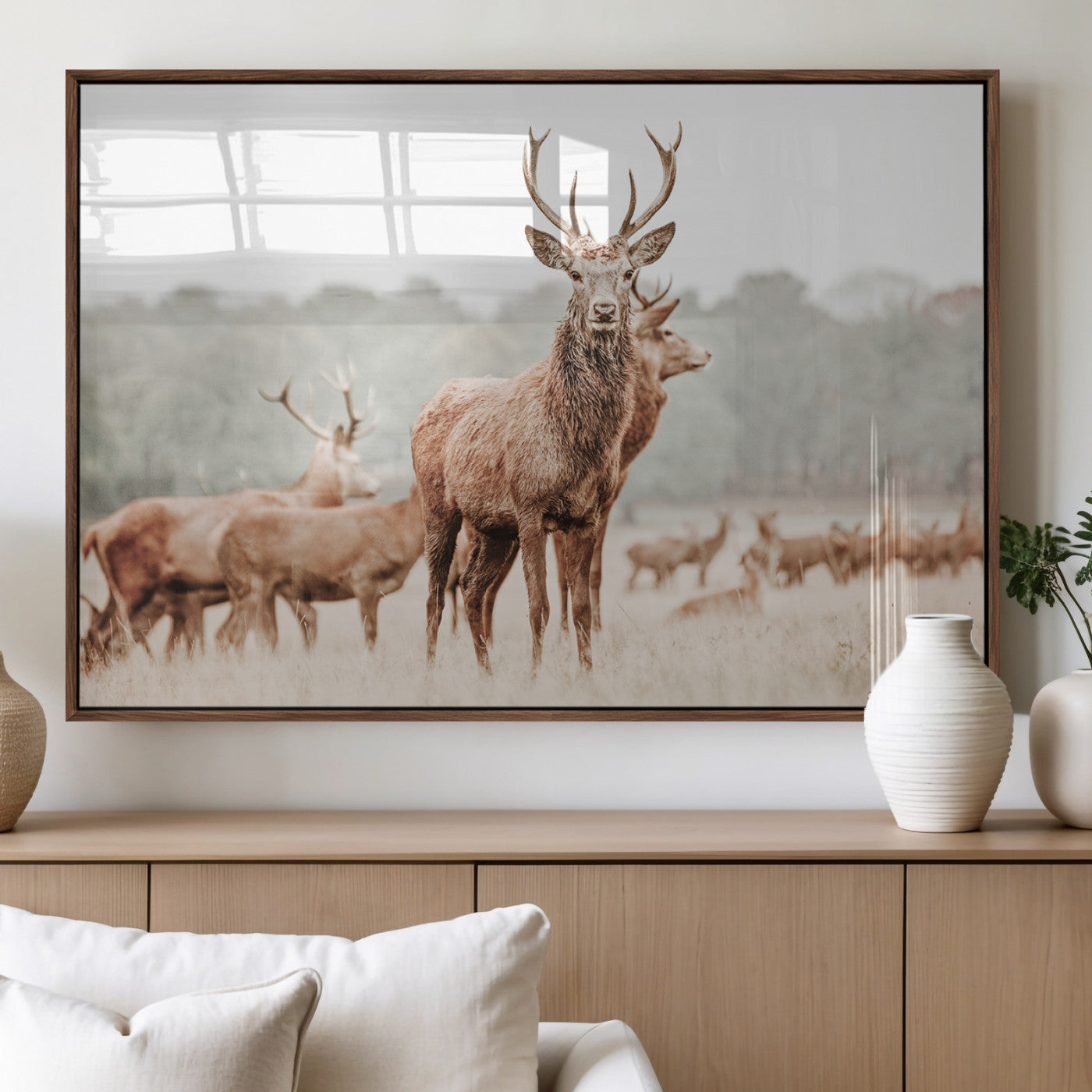 17659786-MGV-FP-36X24-3P_Walnut-Rustic Nature Wall Art Canvas Print – Stag Woodland Framed Wildlife Art Picture Print Perfect Lodge Decor