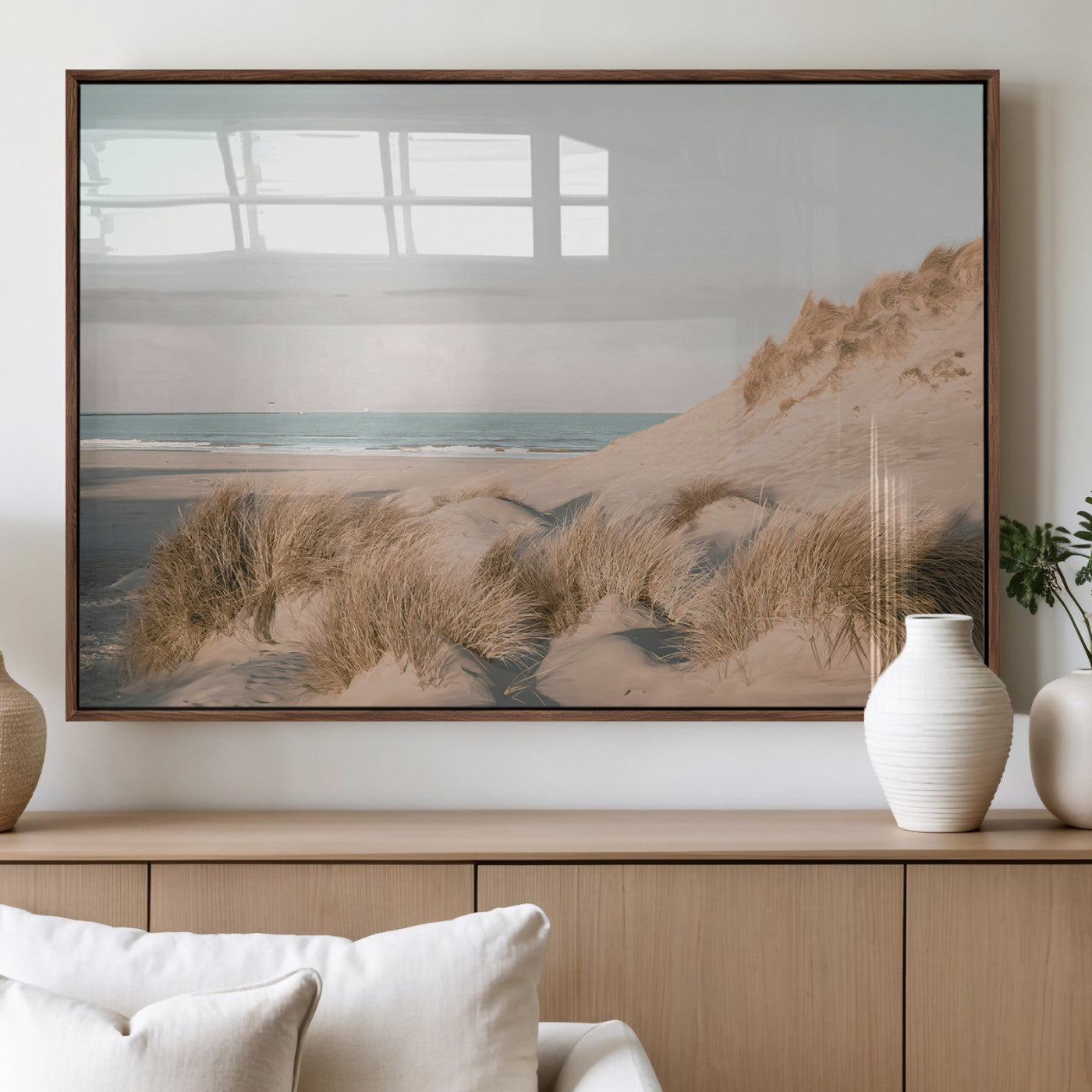 11554211-MGV-FP-36X24-3P_Walnut-Beach Landscape Wall Art Canvas Print – Framed Sand Dune Photography Minimalist Seascape Artwork for Home Office