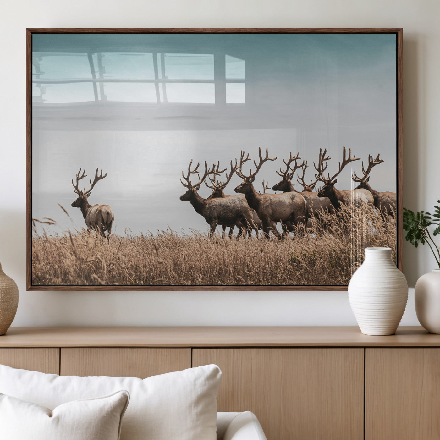 81594705-MGV-FP-36X24-3P_Walnut-Elk Herd Wall Art Canvas Print – Framed Wildlife Photography Rustic Nature Scene Artwork for Home, Office, Living Room