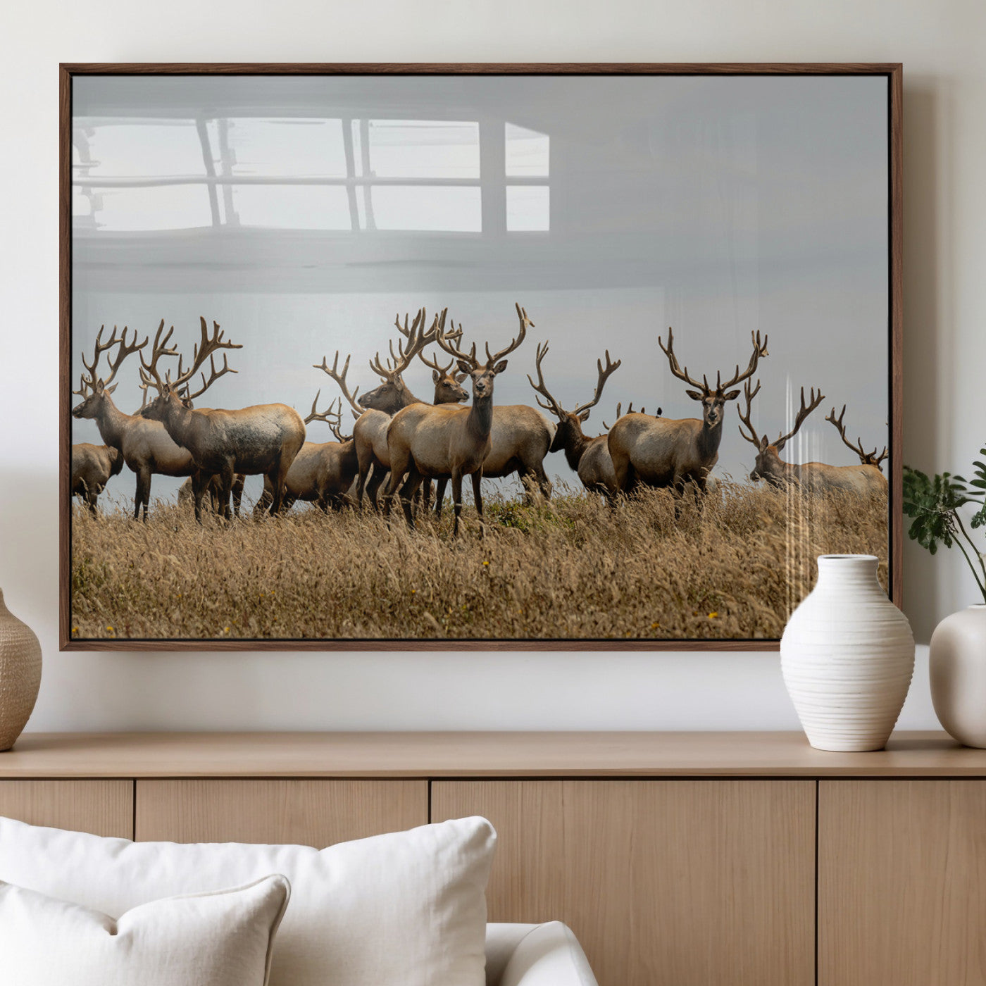 42170220-MGV-FP-36X24-3P_Walnut-Elk Herd Wall Art Canvas Print – Framed Wildlife Photography Majestic Antlers Nature Scene Artwork for Home Office