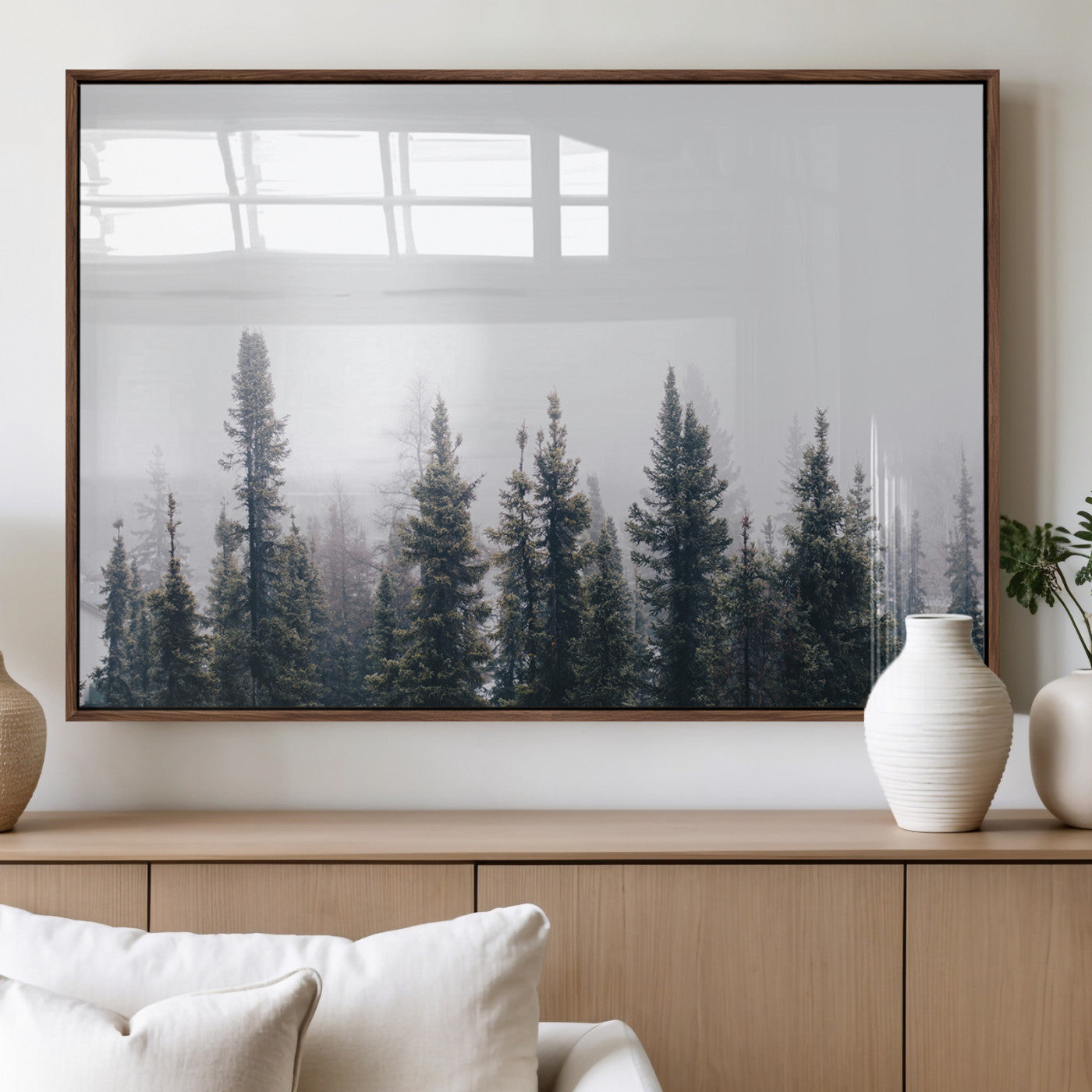 42364796-MGV-FP-36X24-3P_Walnut-Foggy Forest Wall Art Canvas Print – Framed Misty Pines Moody Woodland Nature Scene Artwork for Home Office