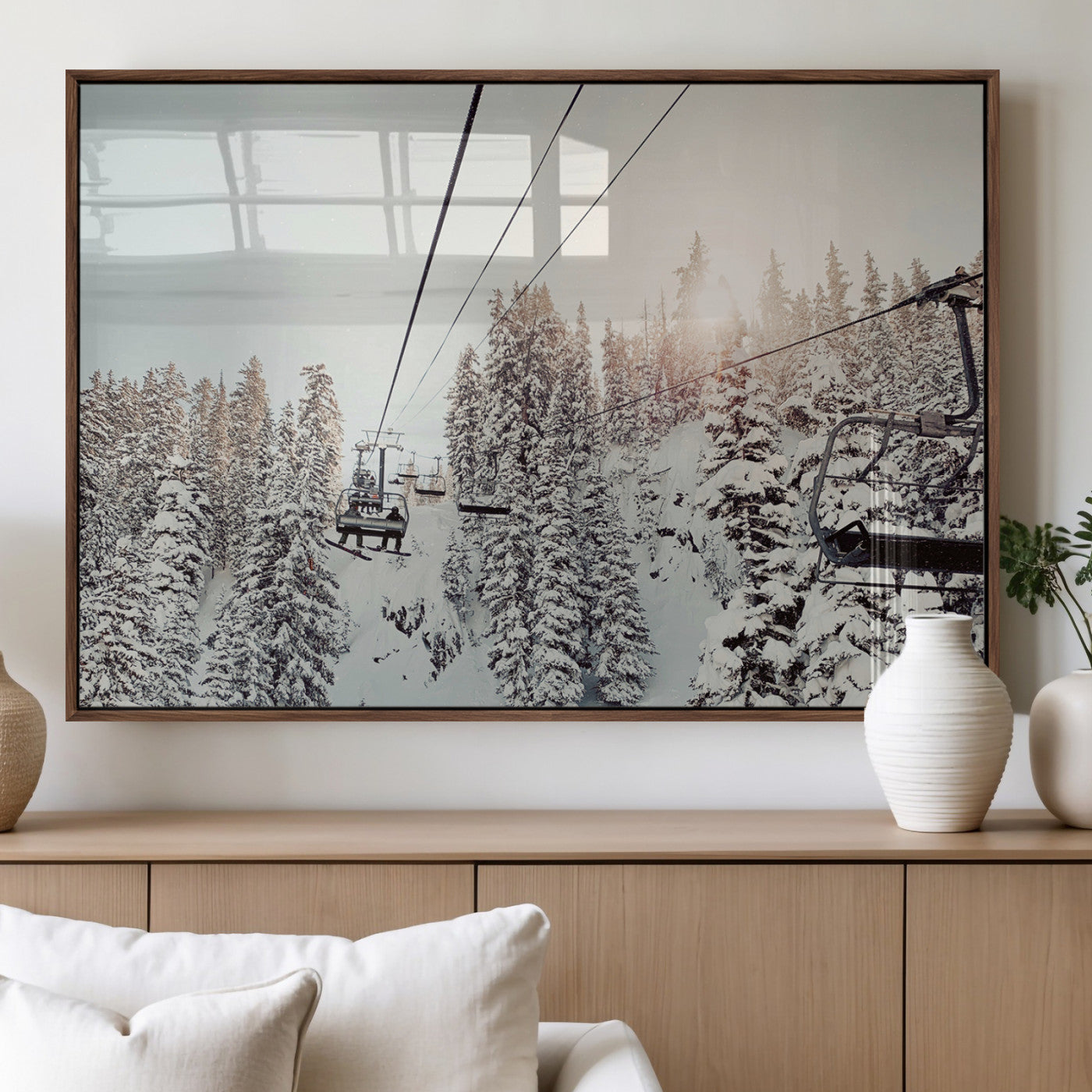 91534512-MGV-FP-36X24-3P_Walnut-Frosty Pines Wall Art Canvas Print – Framed Cozy Cabin Ski Lift Ride Winter Scene Artwork for Home Office