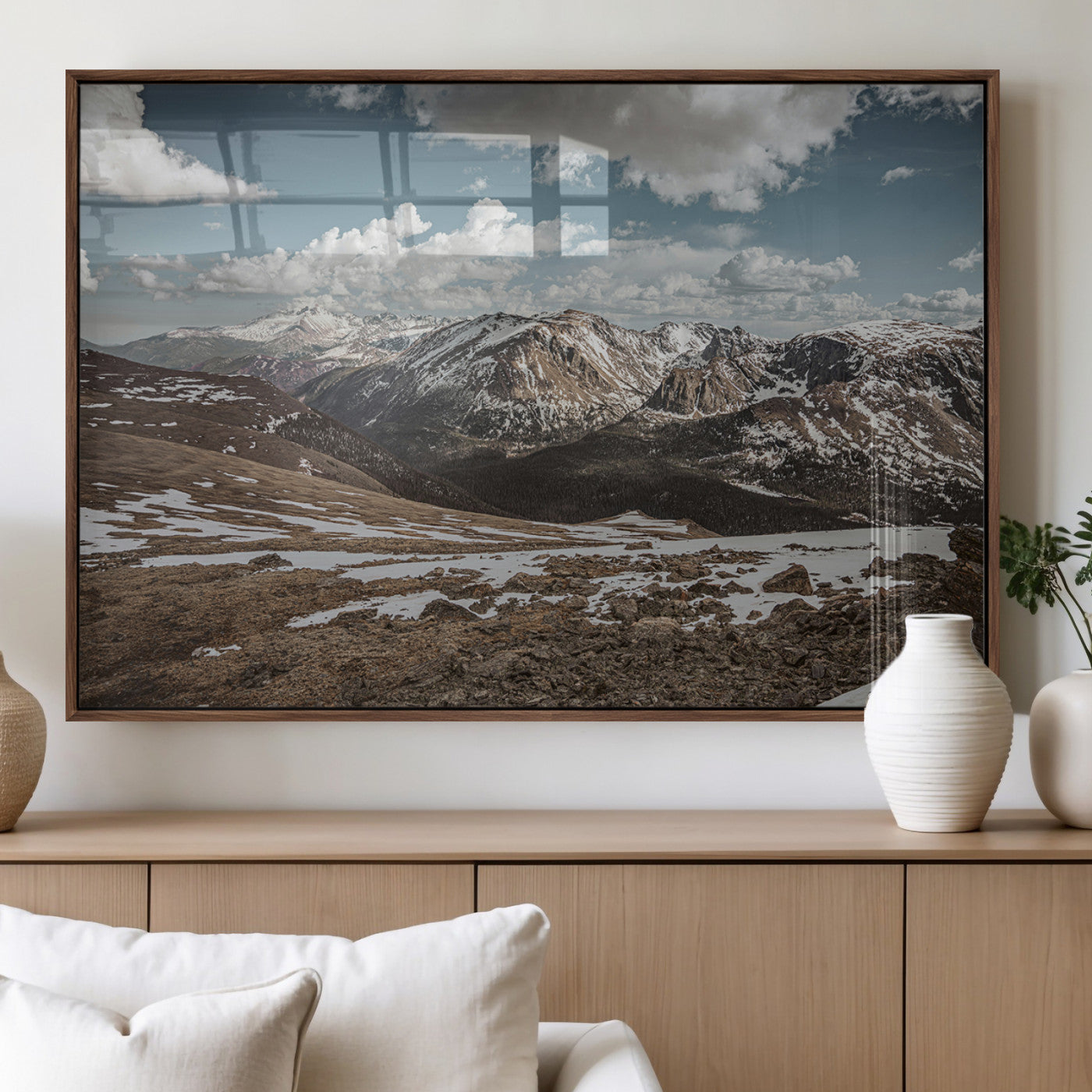 44565953-MGV-FP-36X24-3P_Walnut-Mountain Landscape Wall Art Canvas Print – Framed Snowy Peaks Rugged Highlands Nature Scene Artwork for Home Office