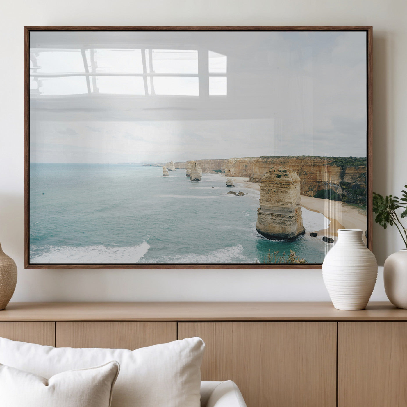 70095633-MGV-FP-36X24-3P_Walnut-Twelve Apostles Wall Art Canvas Print – Framed Coastal Cliffs Rugged Rock Formations Artwork for Home Office