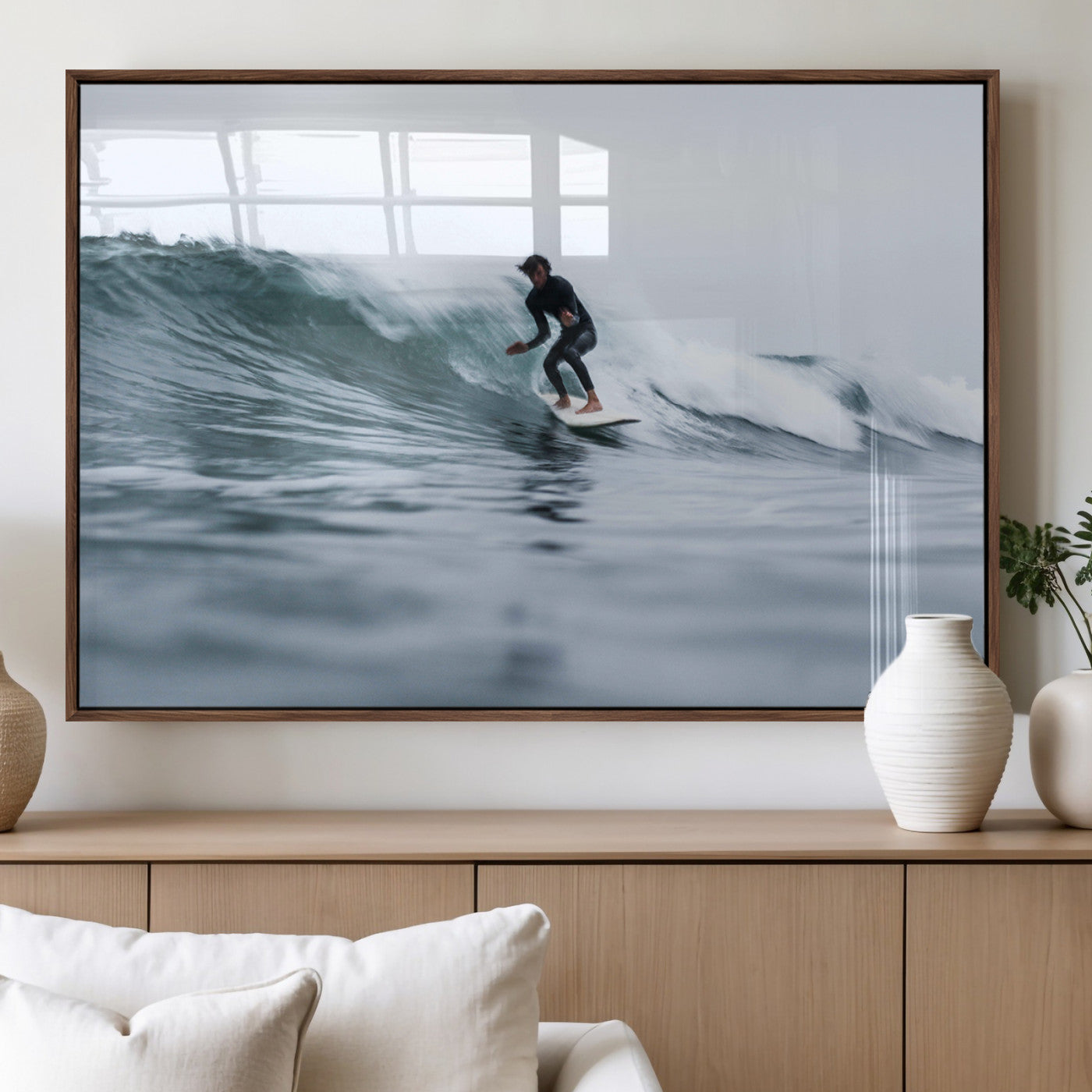 11693607-MGV-FP-36X24-3P_Walnut-Surfer on Wave Wall Art Canvas Print – Framed Ocean Adventure Motion Blur Water Coastal Action Artwork for Home, Office