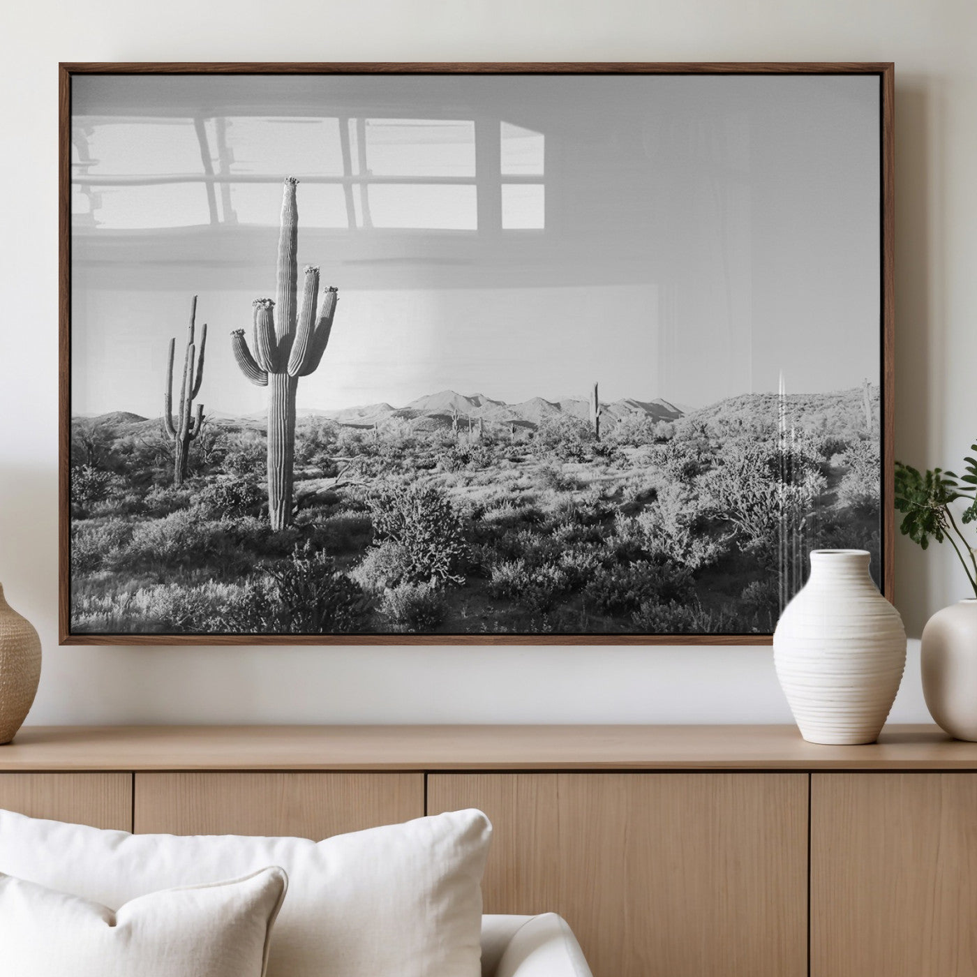 85205054-MGV-FP-36X24-3P_Walnut-Saguaro Cactus Wall Art Canvas Print – Framed Monochrome Landscape Scenic Arizona Minimalist Western Artwork for Home, Office