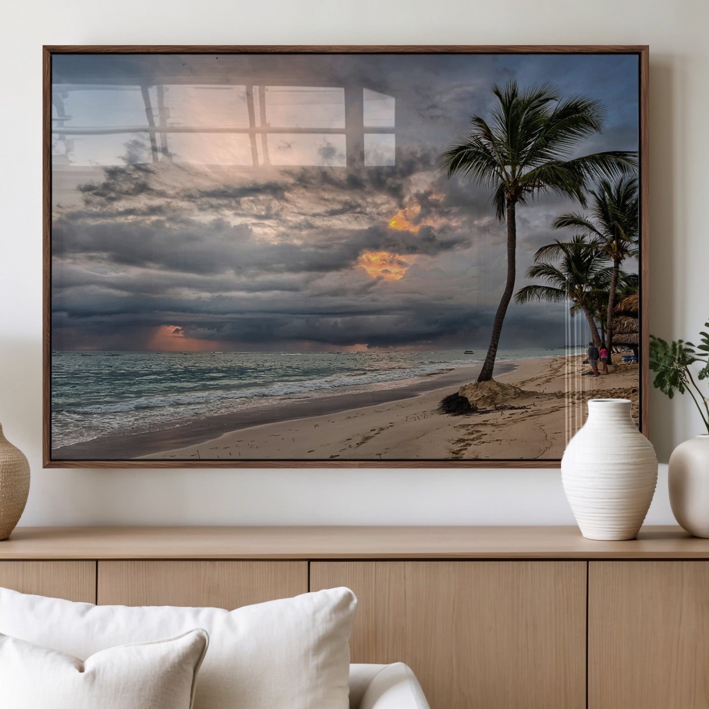 62574547-MGV-FP-36X24-3P_Walnut-Tropical Storm Wall Art Canvas Print – Framed Moody Beach Dramatic Sky Tropical Coastal Landscape Artwork for Home, Office