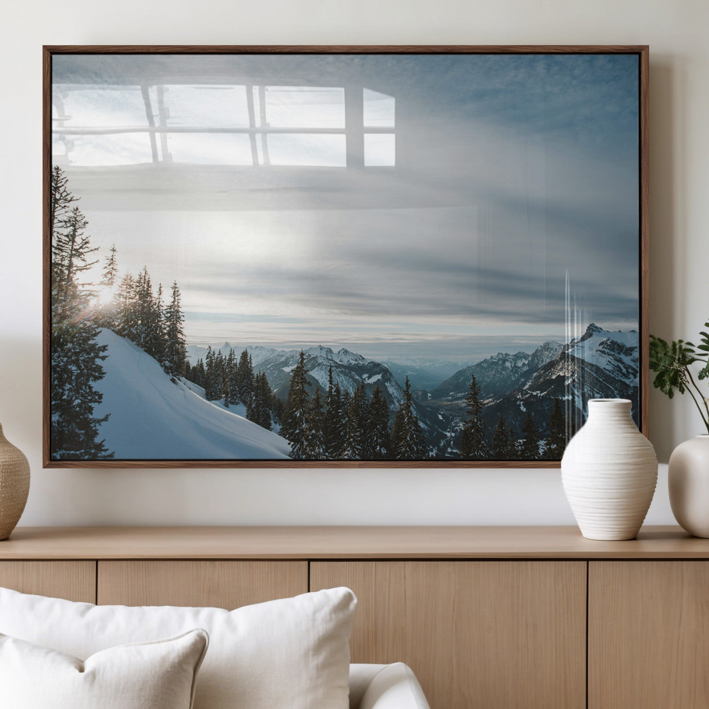 55564749-MGV-FP-36X24-3P_Walnut-Snowy Mountains Wall Art Canvas Print – Framed Alpine Landscape Frosty Peaks Nordic Minimalist Nature Artwork for Home, Office