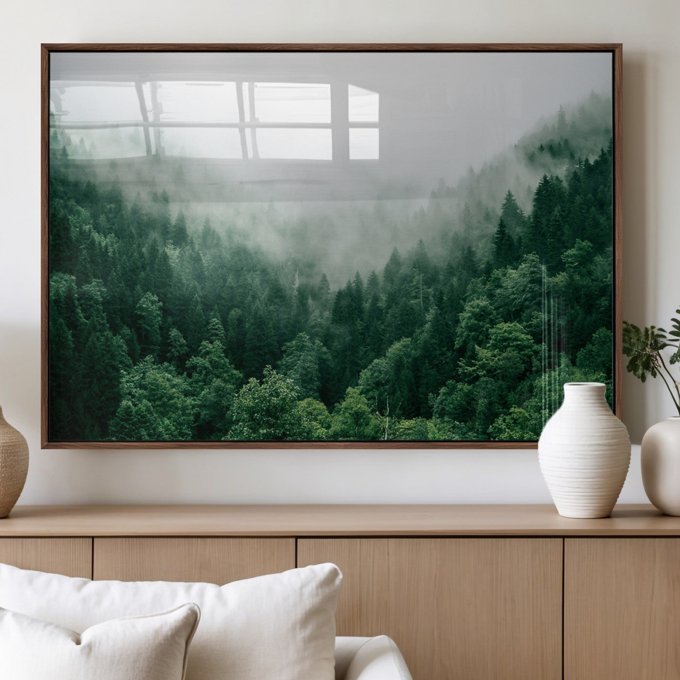 45265379-MGV-FP-36X24-3P_Walnut-Misty Green Forest Canvas Print – Framed Serene Foggy Pine Landscape Tranquil Nature Wall Art for Home, Office