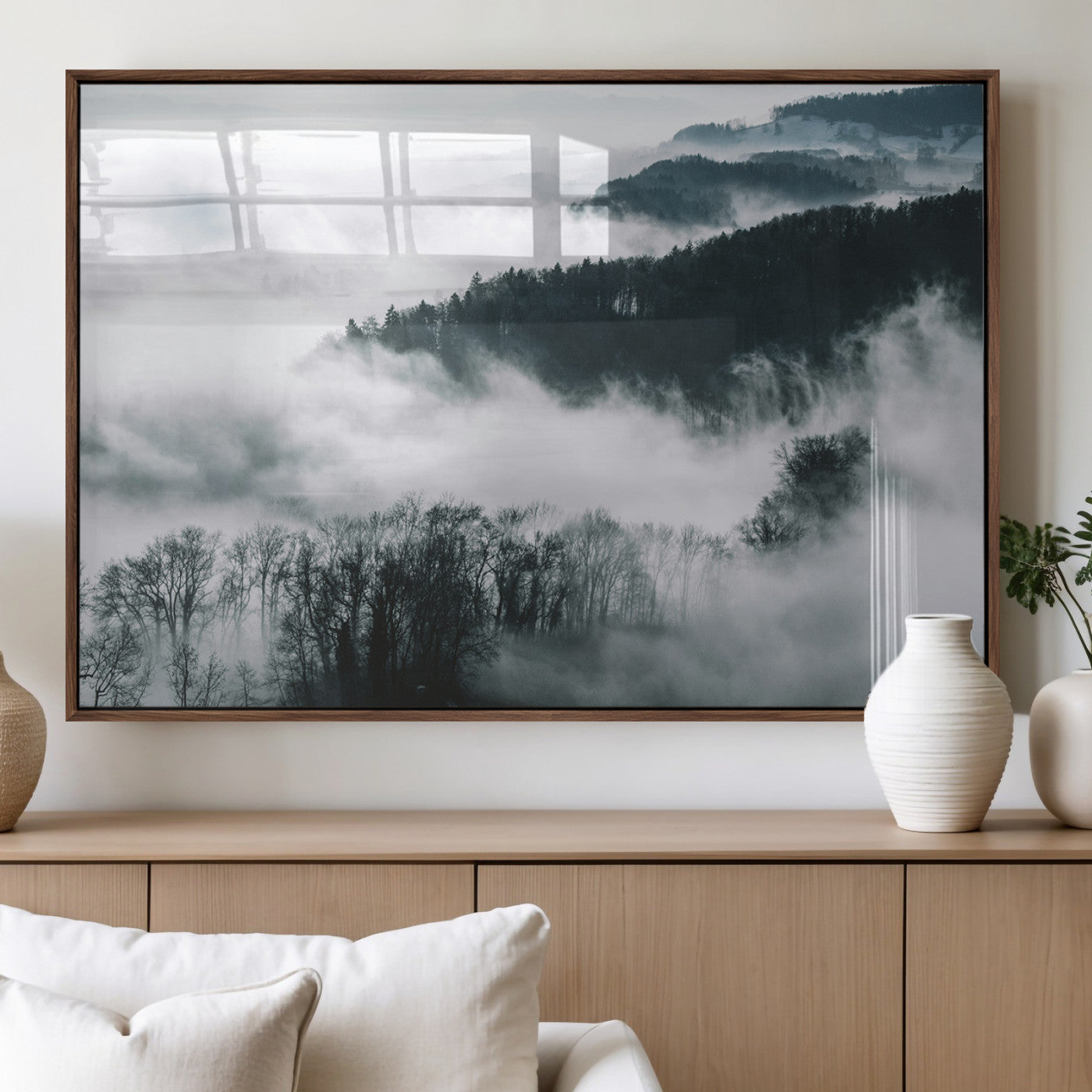 67569654-MGV-FP-36X24-3P_Walnut-Foggy Forest Landscape Wall Art Canvas Print – Misty Mountain Valley Scene Monochrome Tones Nature Artwork for Home Office