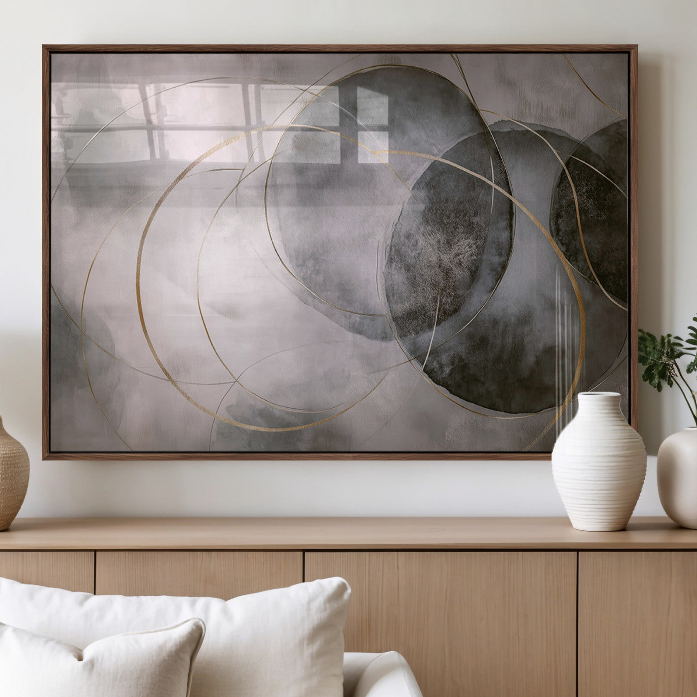 20066876-MGV-FP-36X24-3P_Walnut-Abstract Grey Gold Circle Wall Art – Modern Geometric Canvas Artwork, Minimal Elegant Design, Luxury Wall Decor for Home, Office
