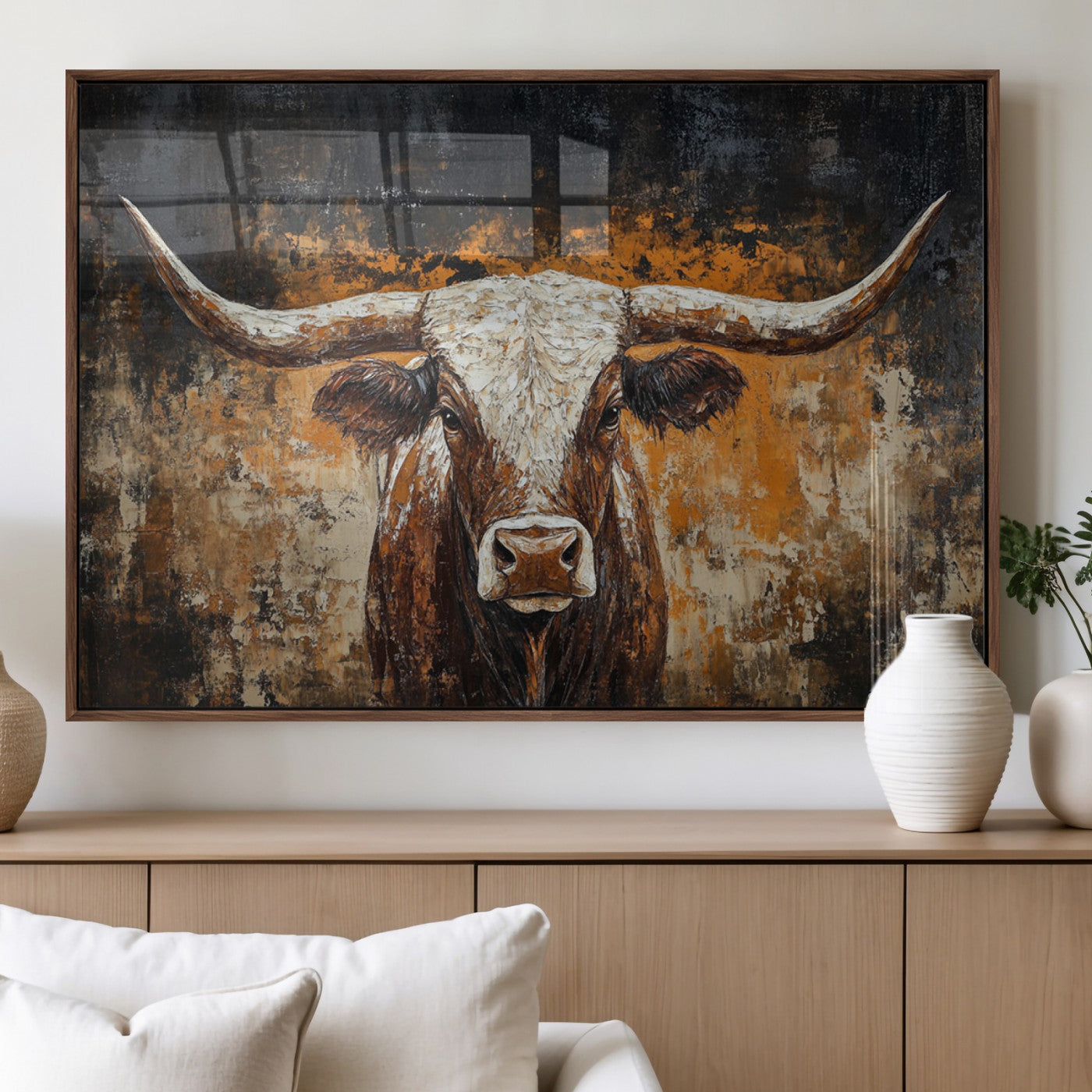 25265572-MGV-FP-36X24-3P_Walnut-Rustic Longhorn Bull Wall Art Canvas Print – Vintage Western Cattle Scene, Texas Steer Artwork for Home, Office