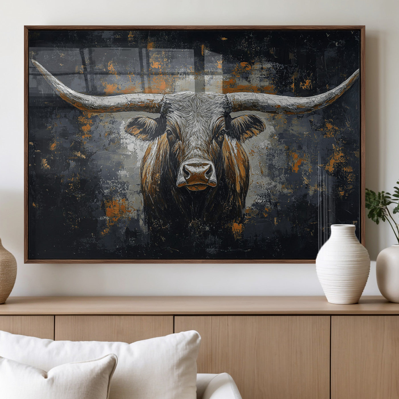93195031-MGV-FP-36X24-3P_Walnut-Rustic Longhorn Bull Wall Art Canvas Print – Vintage Western Cattle Scene, Texas Steer Artwork for Home, Office