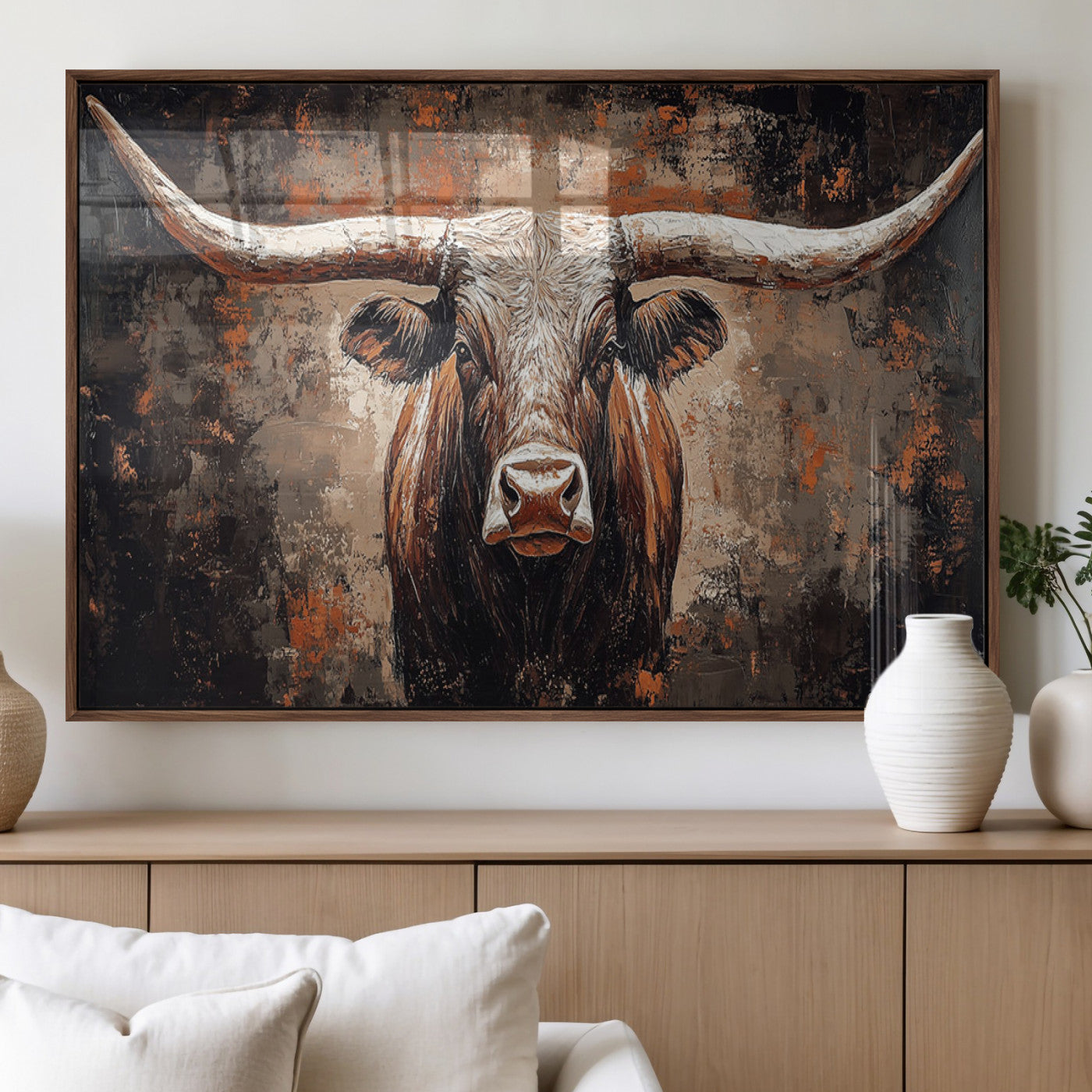 42732393-MGV-FP-36X24-3P_Walnut-Rustic Longhorn Bull Wall Art Canvas Print – Vintage Western Cattle Scene, Texas Steer Artwork for Home, Office