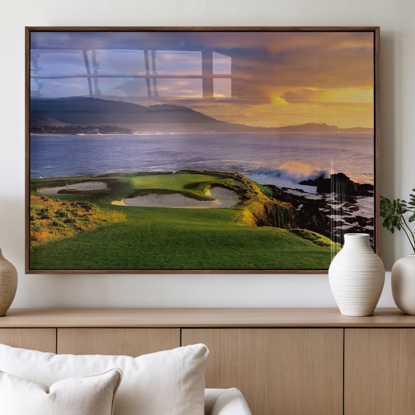 73699248-MGV-FP-36X24-3P_Walnut-Pebble Beach Golf Wall Art Canvas Print – Iconic Coastal Golf Course Artwork for Home, Office, Living Room