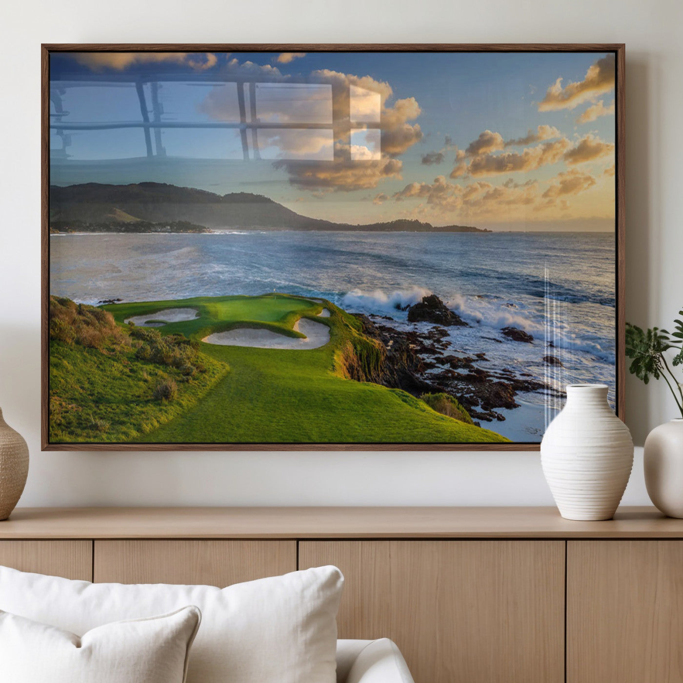 50107048-MGV-FP-36X24-3P_Walnut-Pebble Beach Golf Links Wall Art Canvas Print – Iconic Coastal Golf Course Artwork for Home, Office, Living Room