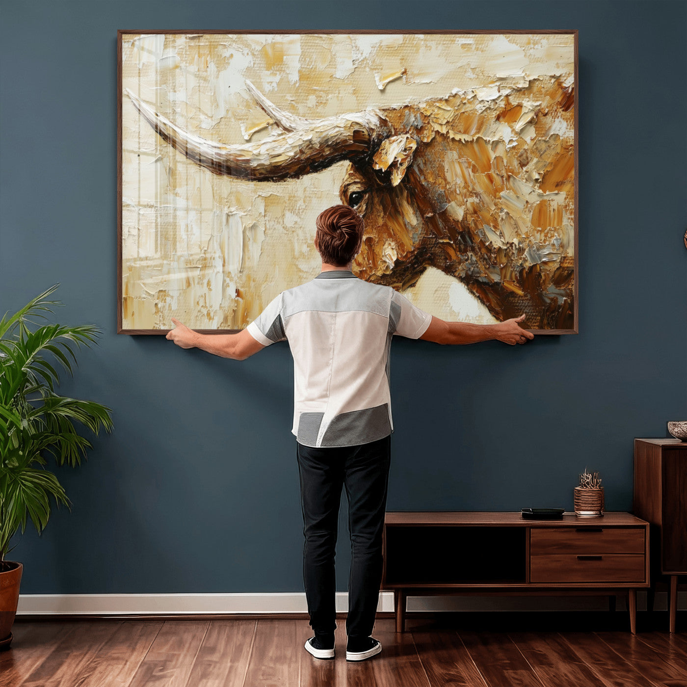 69611428-MGV-CV-36X24 - Rustic Longhorn Bull Wall Art Canvas Print – Vintage Western Cattle Painting, Texas Abstract Wall Cow Prints