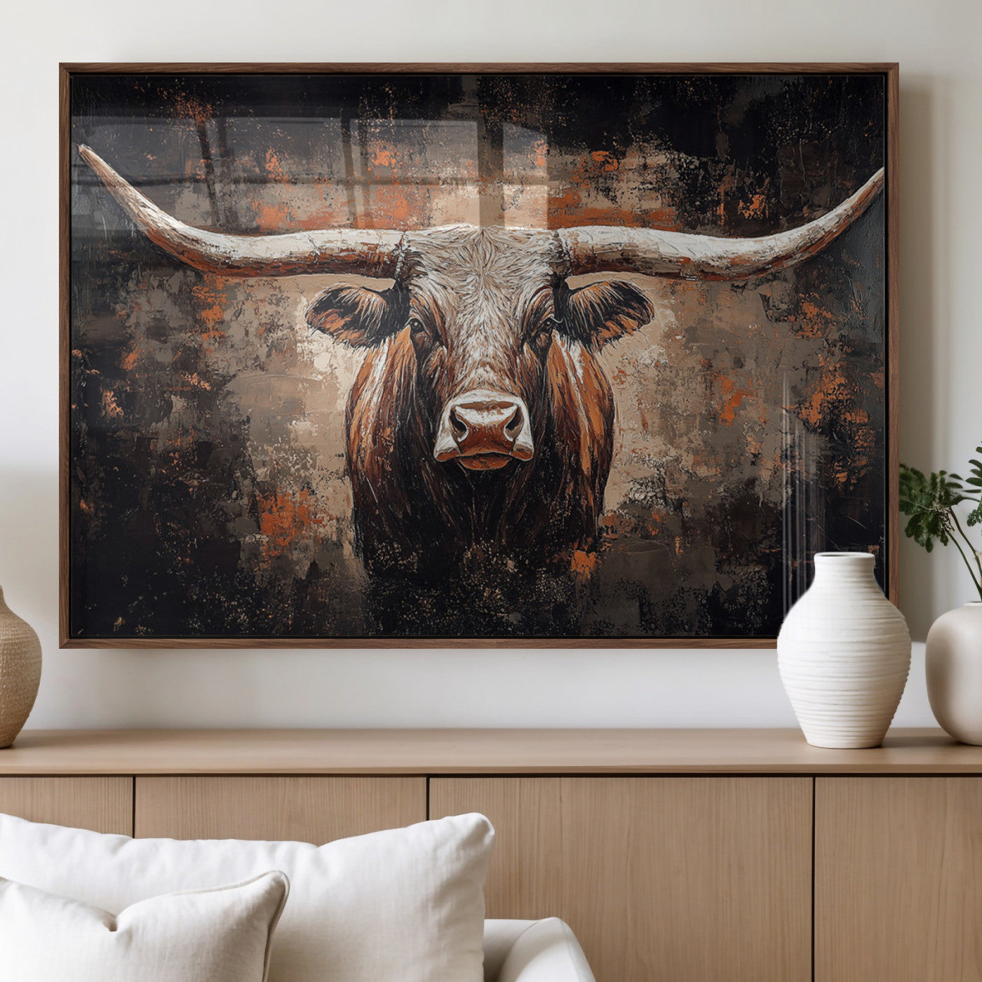 24779067-MGV-FP-36X24-3P_Walnut-Rustic Longhorn Bull Wall Art Canvas Print – Vintage Western Cattle Scene, Texas Steer Artwork for Home, Office