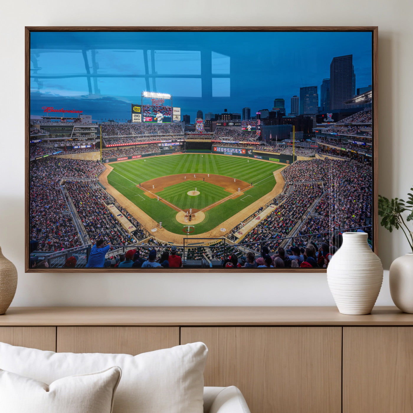 77273035-MGV-FP-36X24-3P_Walnut-Target Field Stadium Wall Art Canvas Print – Minnesota Twins Baseball Team Iconic Ballpark Scene for home, office