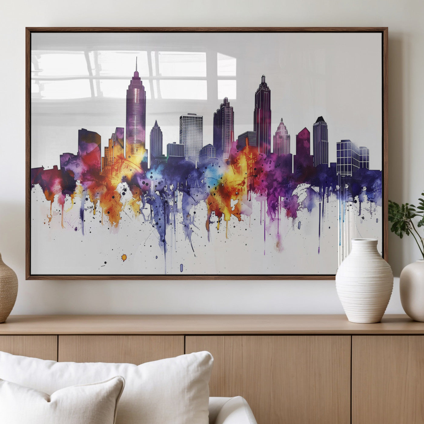 34479880-MGV-FP-36X24-3P_Walnut-Atlanta Skyline Wall Art Canvas Print – Framed Colorful Watercolor Cityscape Artwork for Home, Office, Living Room