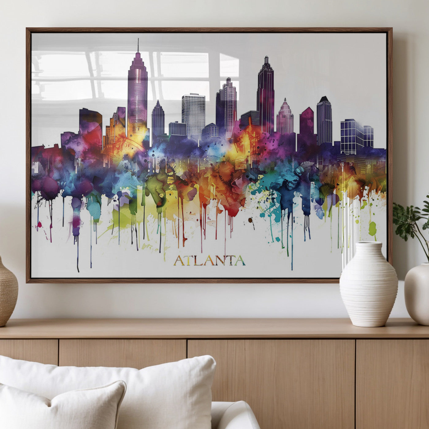 36048320-MGV-FP-36X24-3P_Walnut-Atlanta Skyline Wall Art Canvas Print – Framed Colorful Watercolor Cityscape Abstract Urban Artwork for Home, Office