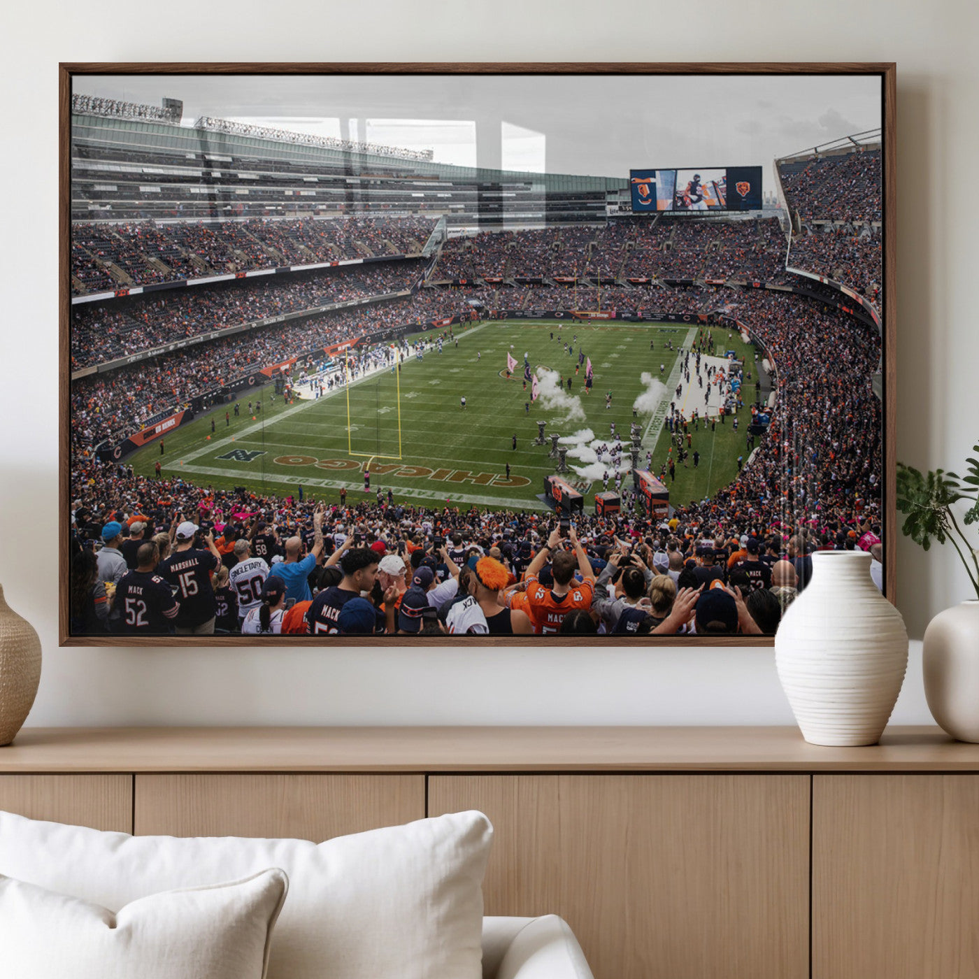 18347149-MGV-FP-36X24-3P_Walnut-Chicago Bears Soldier Field Wall Art Canvas Print – Framed Football Stadium Artwork Team Spirit for home, office