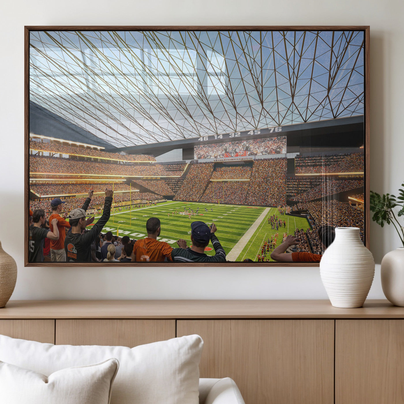 81960112-MGV-FP-36X24-3P_Walnut-Cleveland Browns Stadium Wall Art Canvas Print – Framed NFL Football Arena Artwork for Home, Office, Living Room
