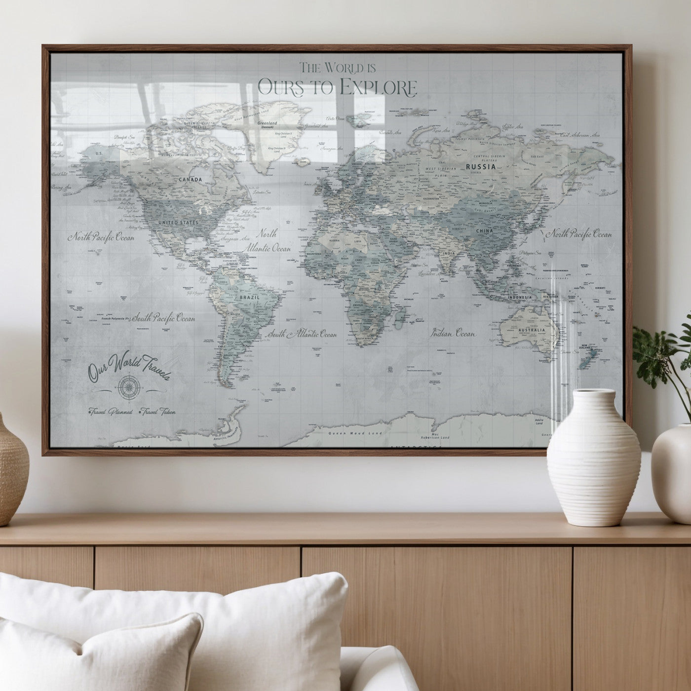 Rehber01-MGV-CV-36X24-Personalized Push Pin World Map Canvas Print – Custom Framed Travel Tracker Wall Art Large Map Artwork for Home, Office