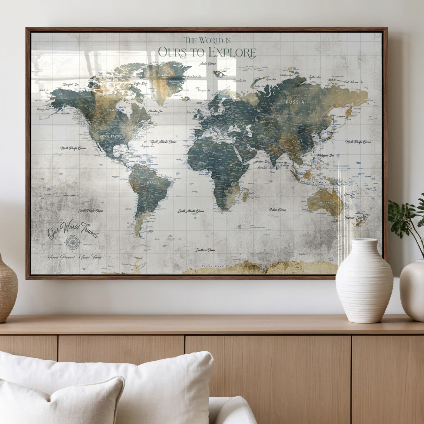14988581-MGV-FP-36X24 - Custom Push Pin World Map Wall Canvas Print – Personalized Travel Tracker with Pins – Framed Custom Quotie Canvas for Home Office Decor
