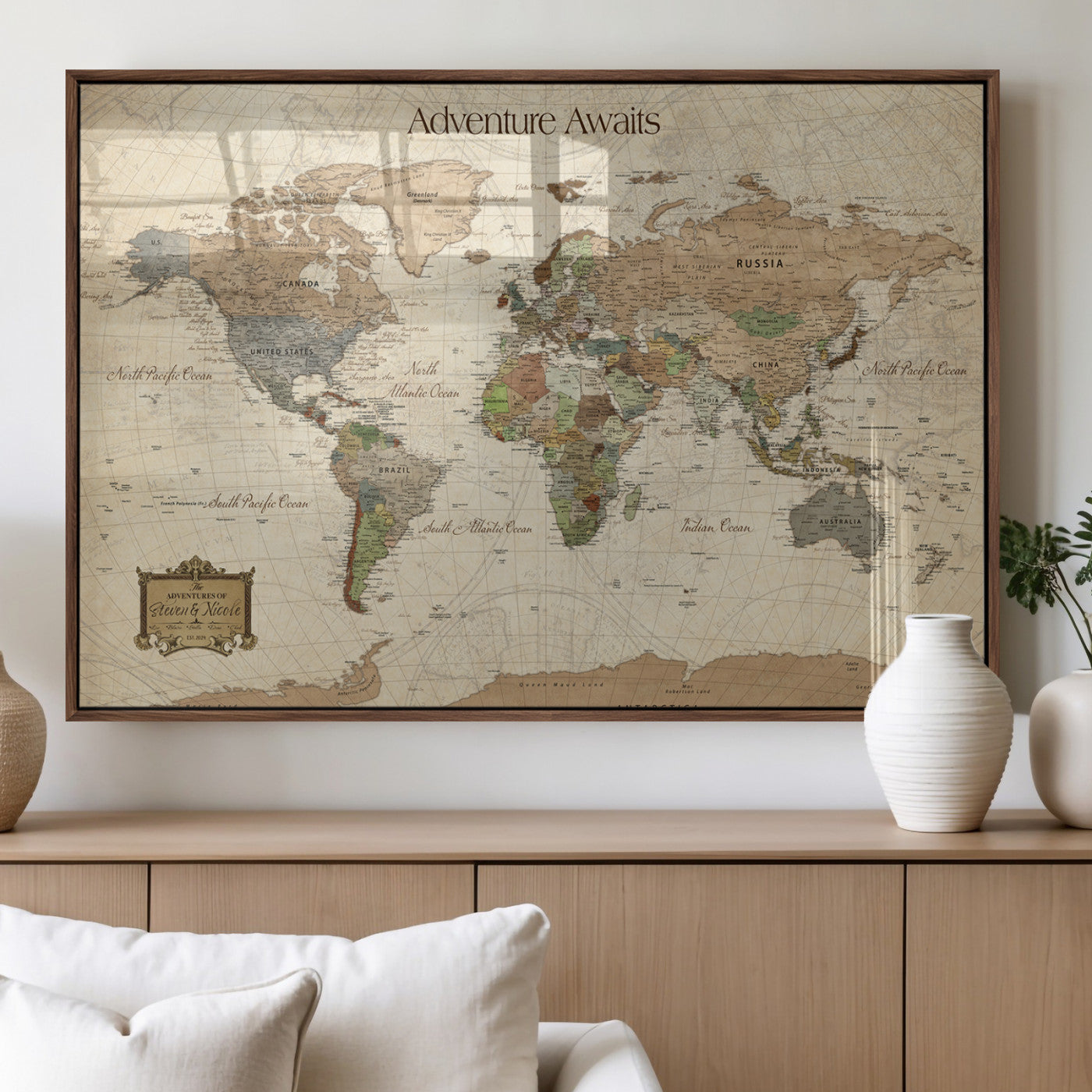 33020399-MGV-FP-36X24-3P_Walnut-Personalized World Map Canvas Print – Custom Push Pin Travel Tracker Map Anniversary Gift for Couples for Home, Office