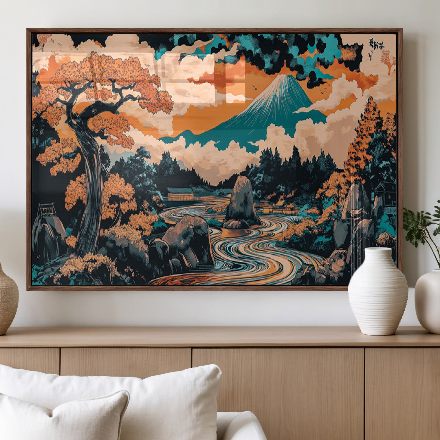 A vibrant Japanese-inspired landscape featuring Mount Fuji, a winding river, and autumn-colored trees under a dramatic sky, in bold and vivid hues.