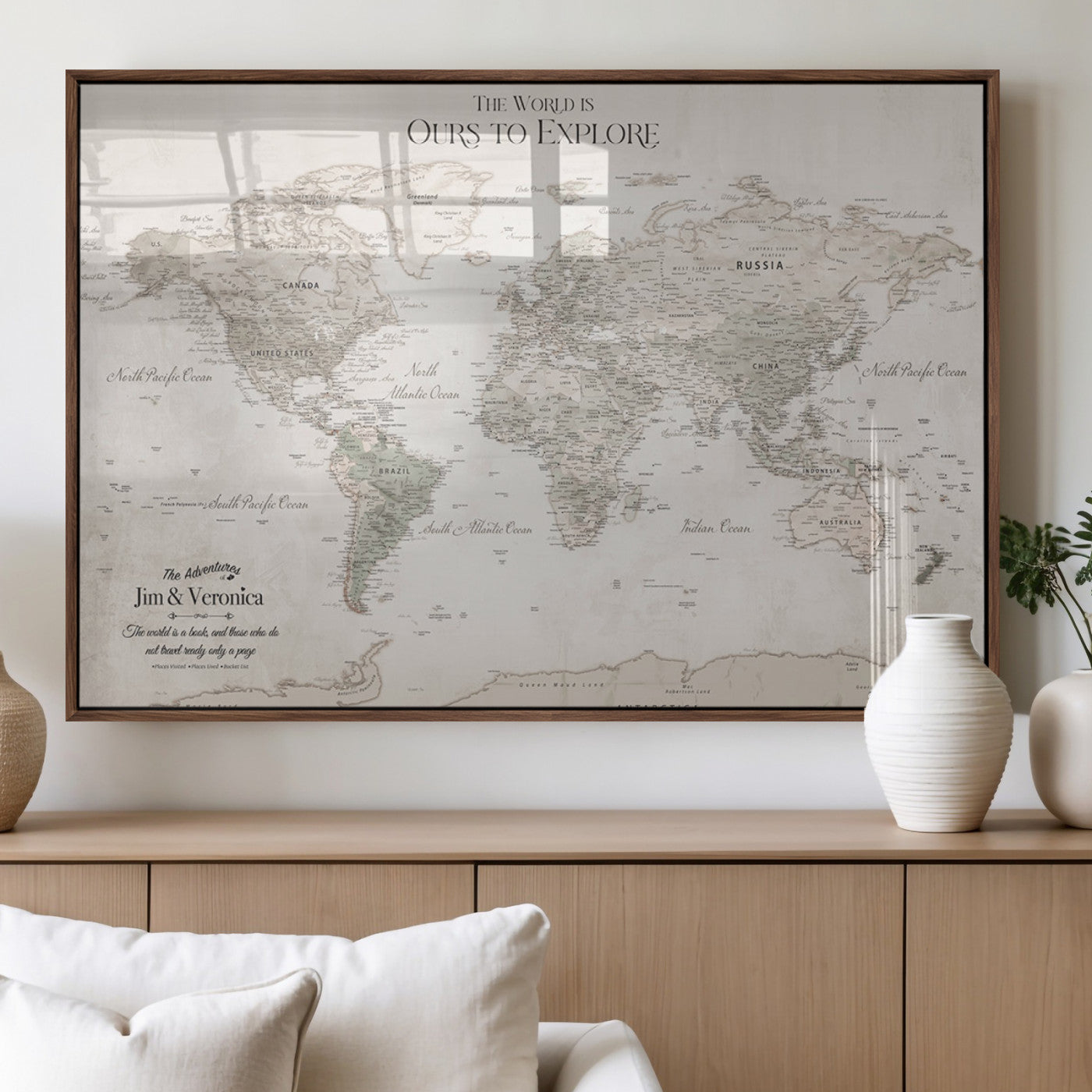 -Personalized Push Pin World Map Wall Art Canvas Print – Custom Framed Travel Tracker Gift for Couples or Family for home, office