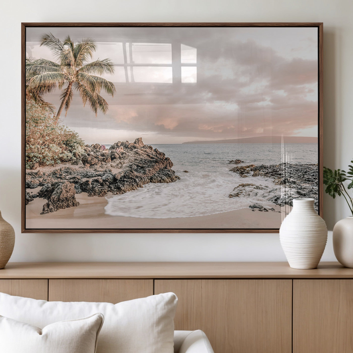 9090702409965-MGV-FP-36X24_Walnut-Tropical Beach Wall Art Canvas Print – Palm Trees Rocky Shoreline Ocean Waves Sandy Coast Tranquil Sea Artwork for Home Office