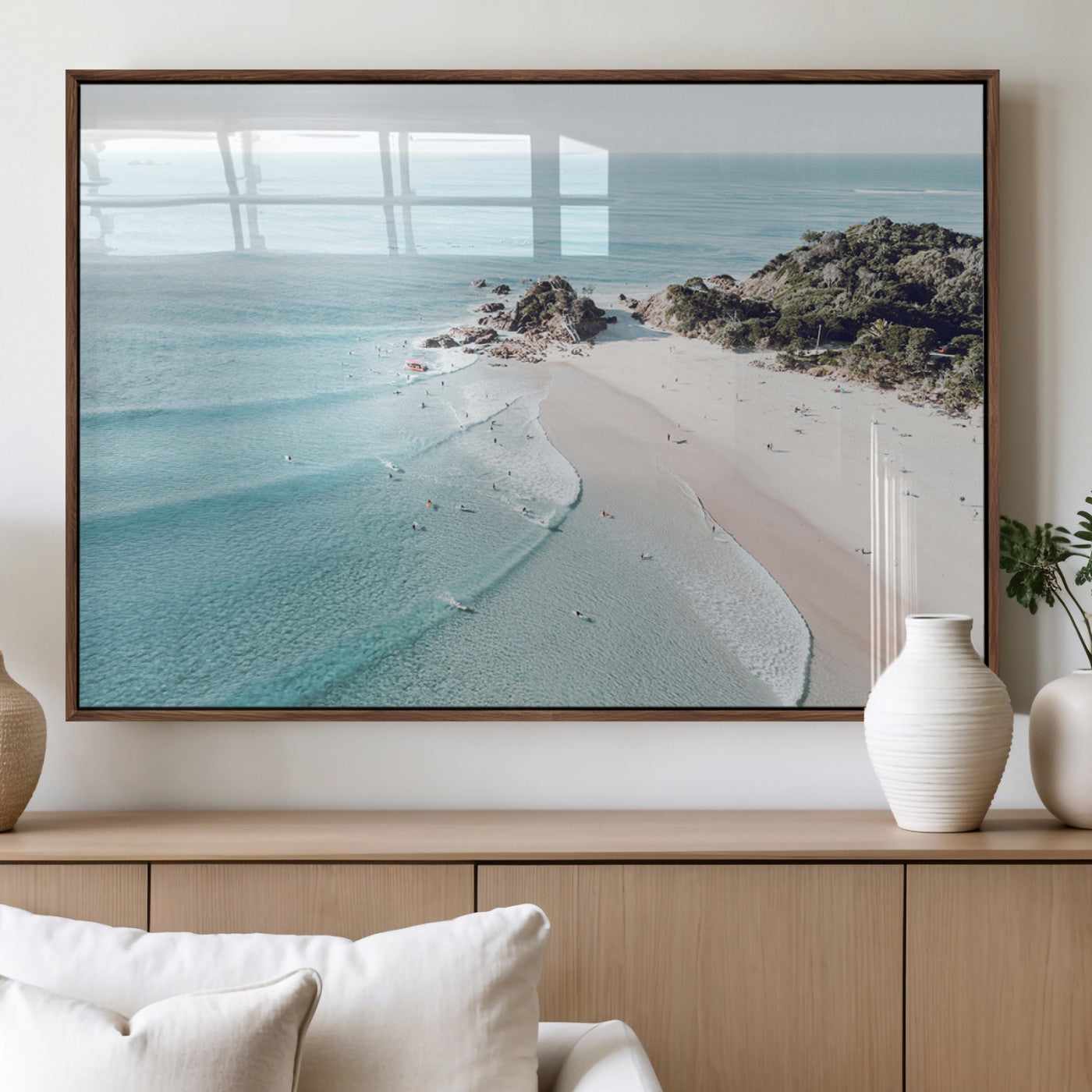 9090763325677-MGV-FP-36X24_Walnut-Aerial Beach Wall Art Canvas Print, Coastal Ocean Waves and Surfers Scenic Seaside Artwork for Home, Office