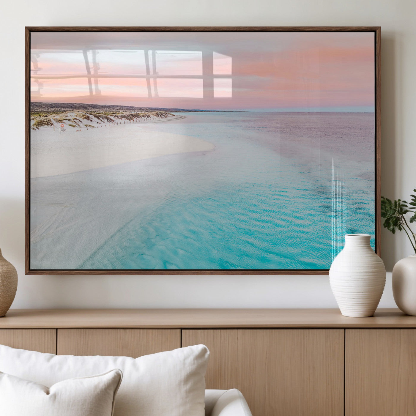 41613614-MGV-CV-60X30-3P_Walnut-Serene Pastel Beach Canvas Wall Art Print, Tranquil Coastal Sunset Decor, Large Ocean Landscape Canvas for Living Room or Bedroom 1 Panel Wrapped