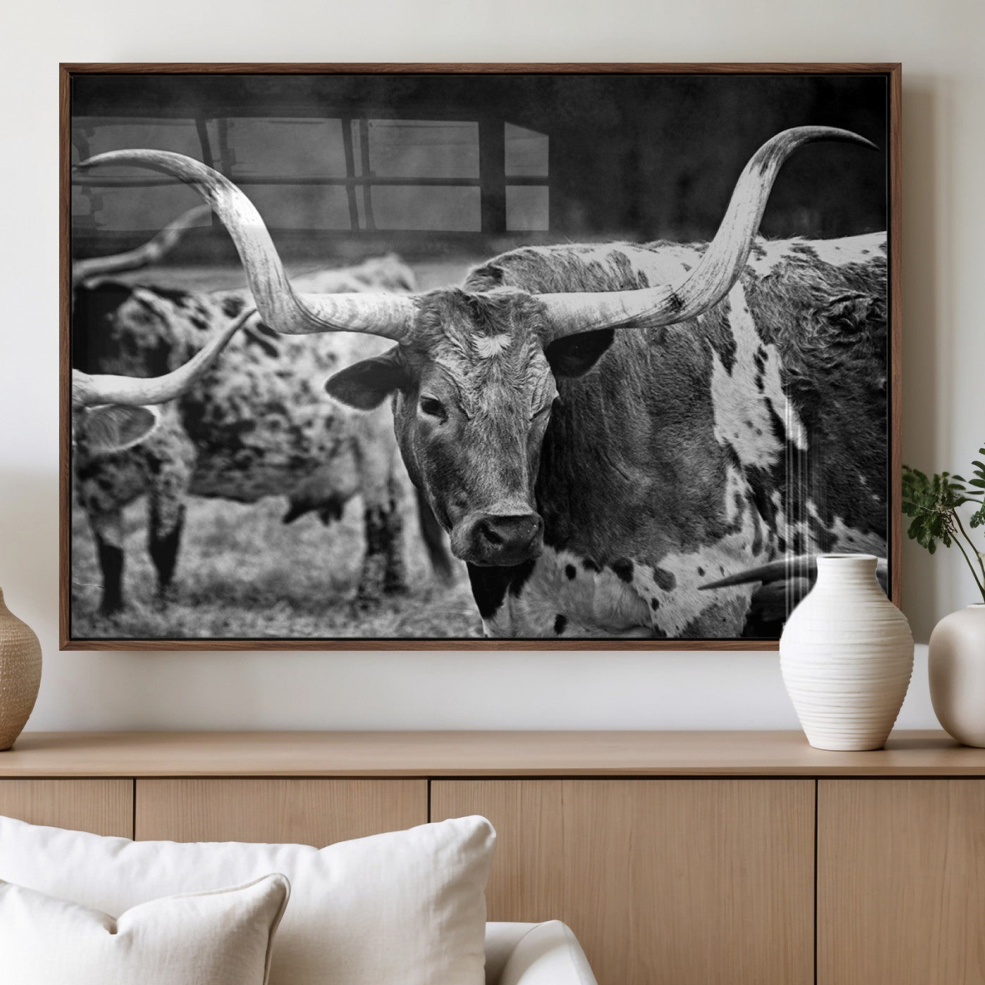 15425553-MGV-CV-60X30-3P_Walnut-Black & White Longhorn Cattle Wall Art, Rustic Farmhouse Decor, Western Country Canvas Print, Vintage Livestock Photography, 1 Panel Canvas