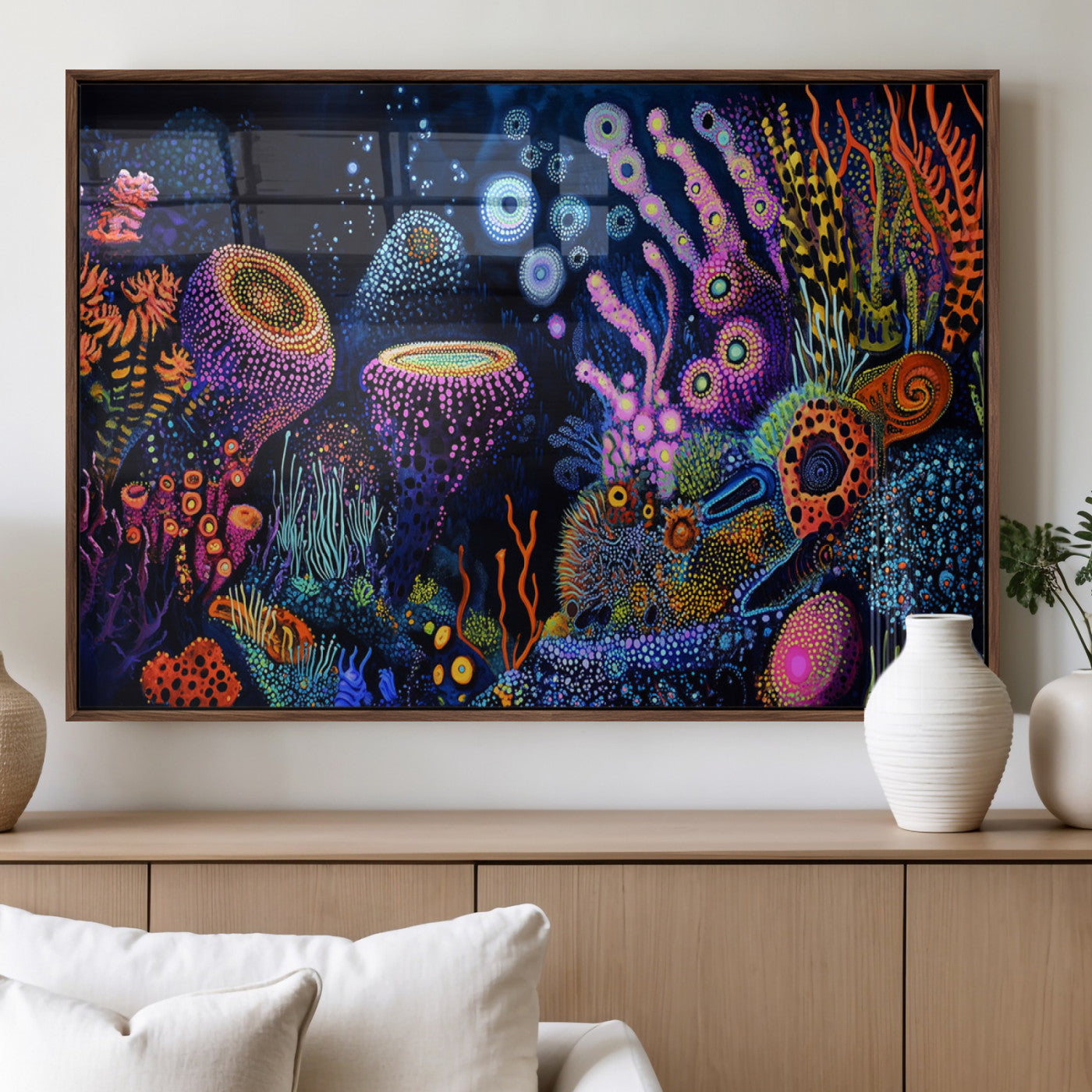 Vibrant and colorful abstract underwater coral reef artwork with diverse shapes and glowing patterns – Wall Art Canvas Print.