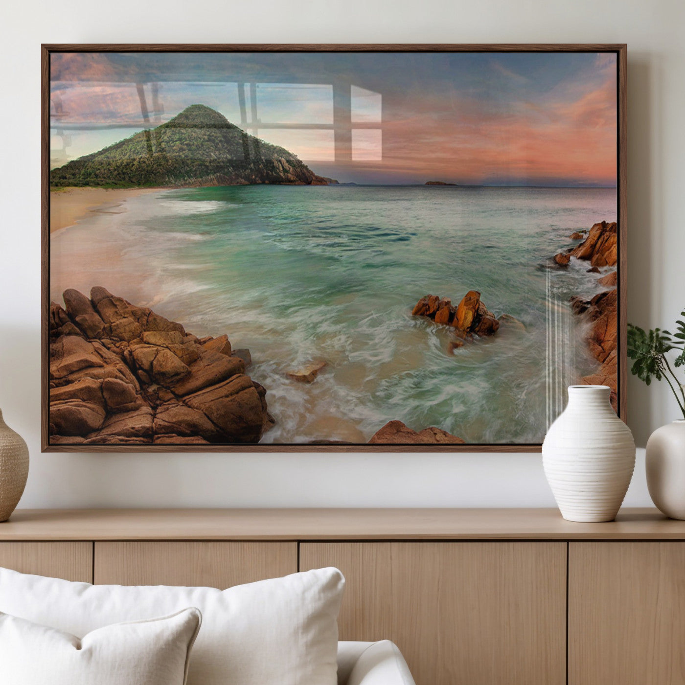 53831025-MGV-CV-60X30-3P_Walnut-Stunning Coastal Landscape with Rocky Shore and Green Hills at Sunset – Beautiful Ocean View Wall Art Canvas Print for Serene Home Decor.