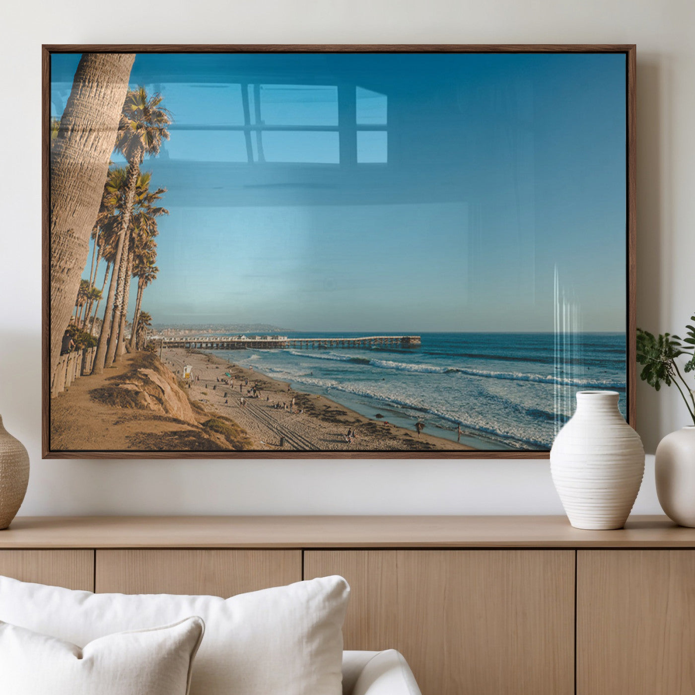92568259-MGV-FP-36X24-3P_Walnut-Scenic Beach Wall Art Canvas Print – Tall Palm Trees, Sandy Shore, Long Pier Stretching into Calm Ocean Artwork for Home, Office