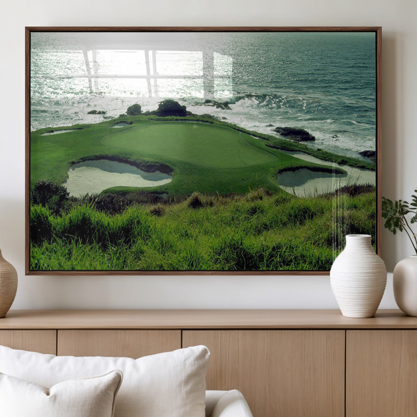 48473947-MGV-FP-36X24-3P_Walnut-Coastal Golf Course Wall Art Canvas Print – Scenic Green Surrounded by Sand Bunkers and Ocean Waves Artwork for Home, Office