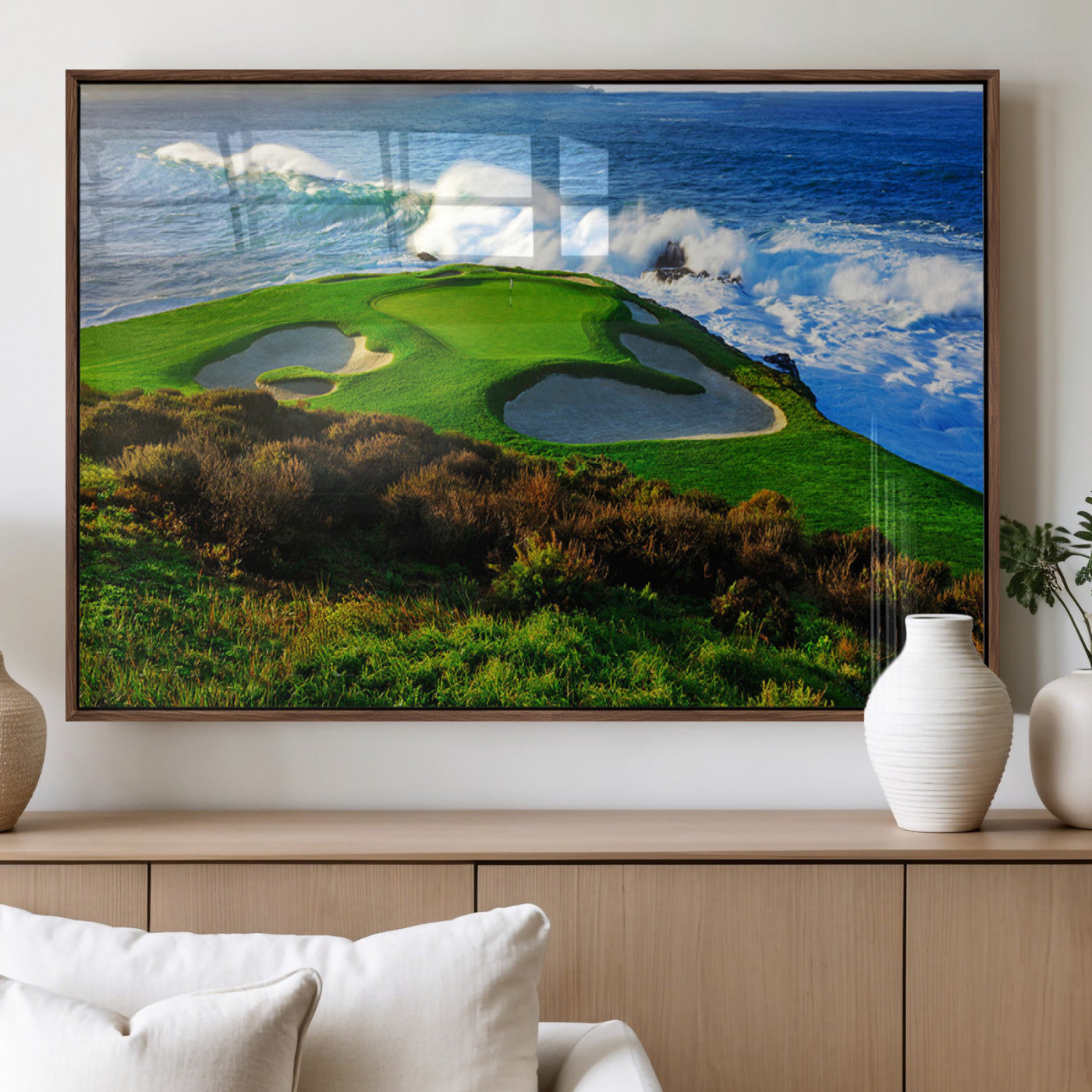 34181847-MGV-FP-36X24-3P_Walnut-Coastal Golf Course Wall Art Canvas Print – Vibrant Green with Sand Bunkers Overlooking Ocean Waves Artwork for Home, Office