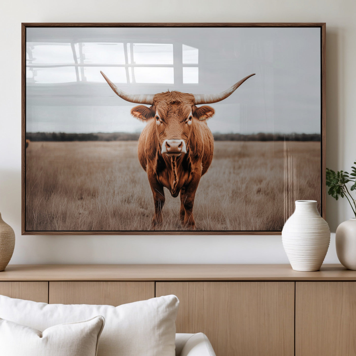 16316734-MGV-FP-36X24 - Longhorn bull, open field, rustic charm, natural beauty, Wall Art Canvas Print, countryside,