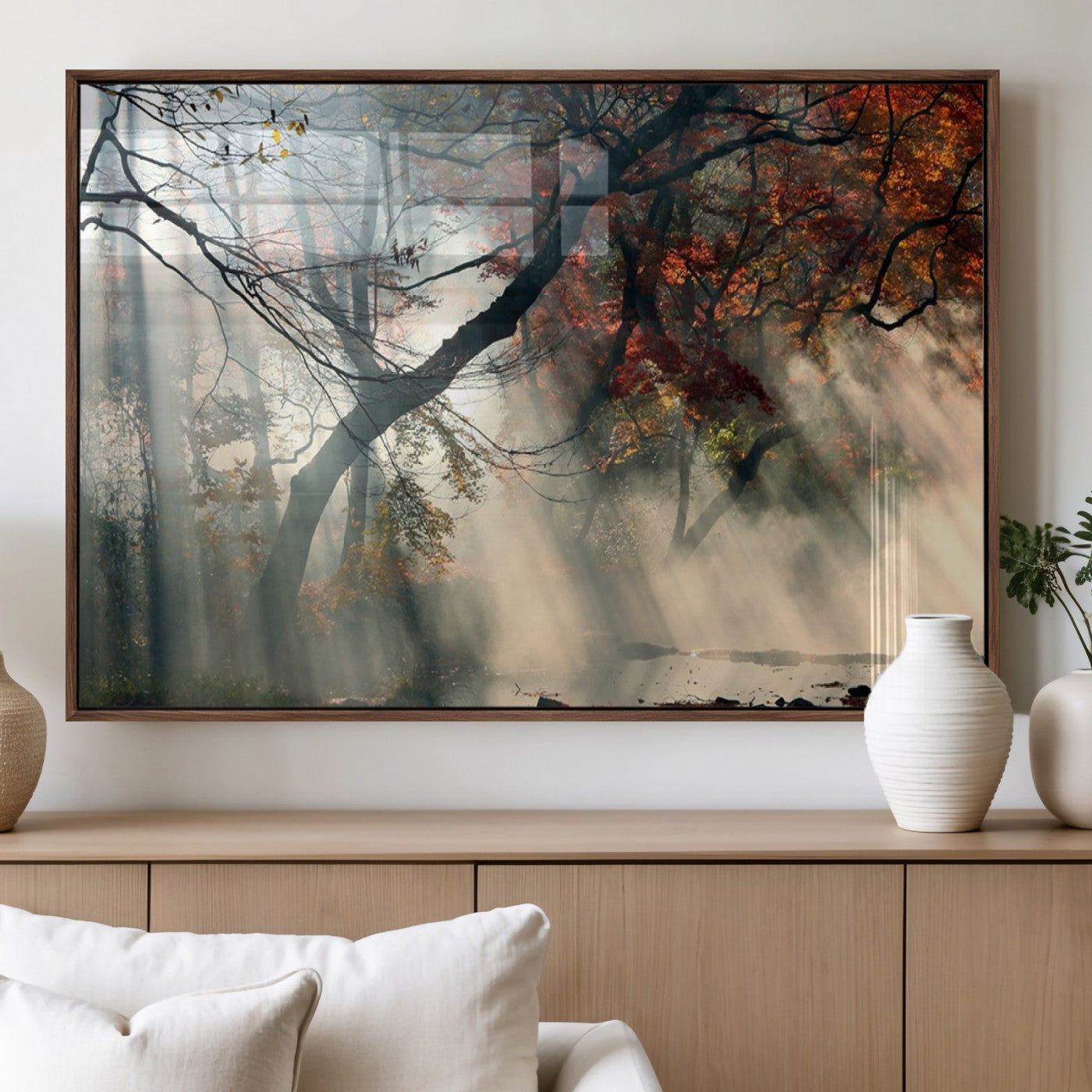 36043878-MGV-FP-36X24-3P_Walnut-Sunlit Autumn Forest Wall Art Canvas Print – Framed Mist Trees Scene with Peaceful Rays Artwork for Home, Office