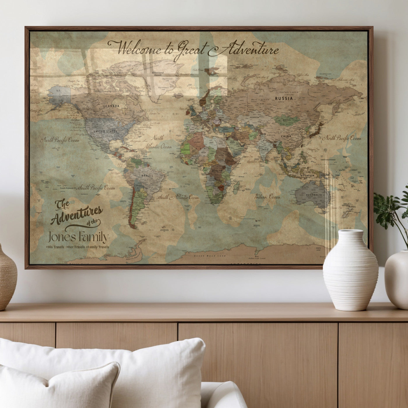 70680424-MGV-FP-36X24-3P_Walnut-Personalized World Map Wall Art Canvas Print – Customizable Push Pin Framed Travel Map Artwork for Home Office