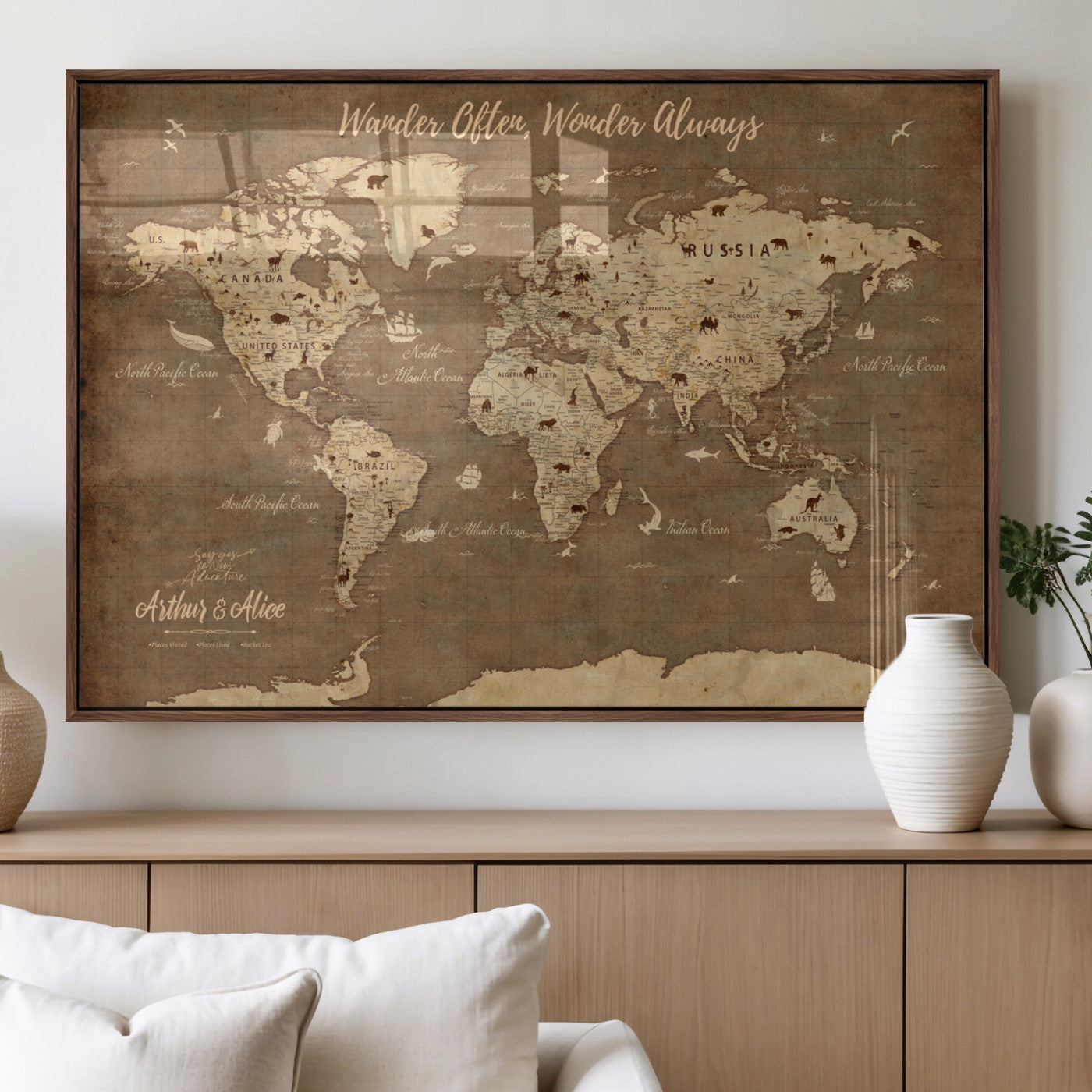 71648995-MGV-FP-36X24-3P_Walnut-Personalized World Map Wall Art Canvas Print – Custom Push Pin Travel Map for Couples, Families, or Office Decor
