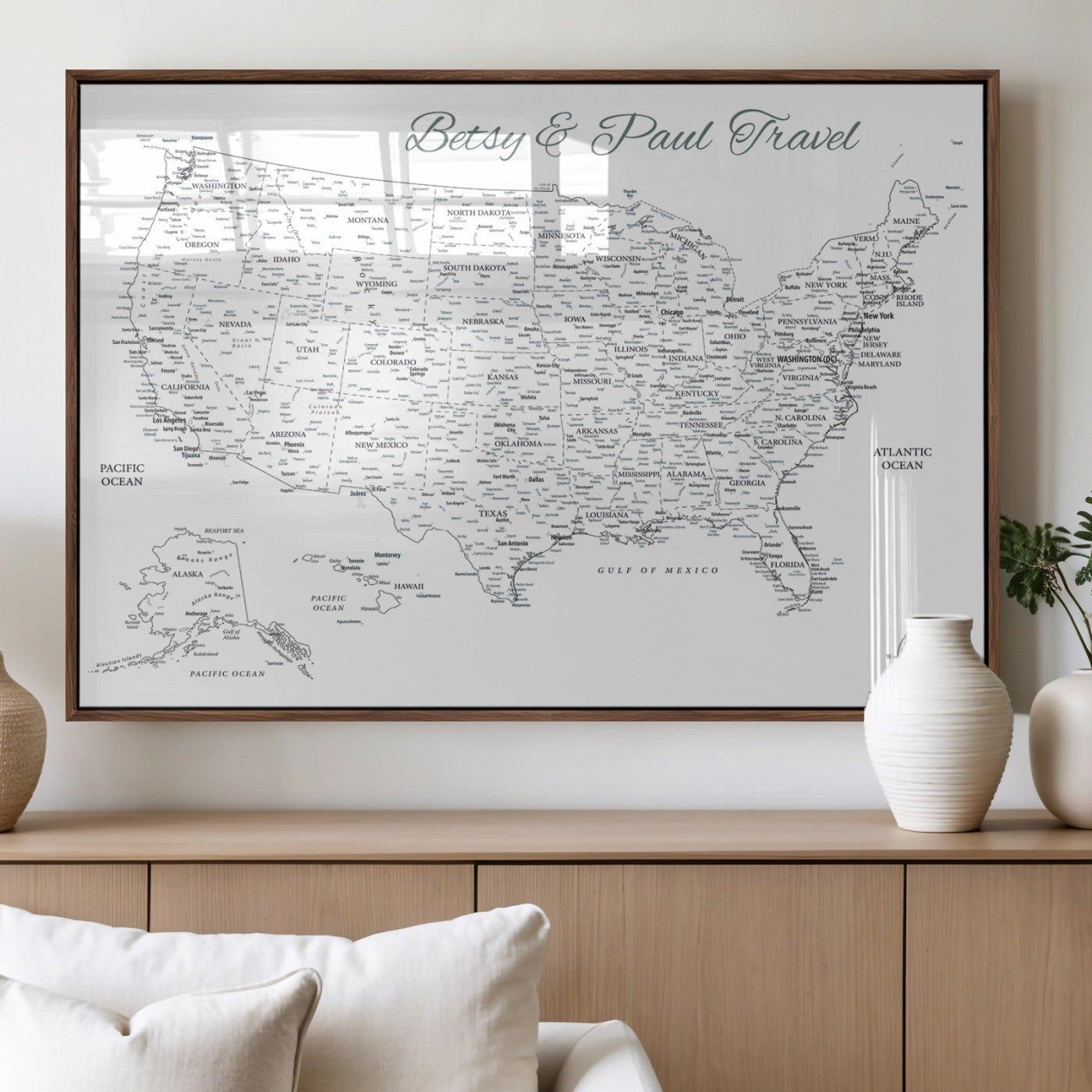 77805491-MGV-FP-36X24-3P_Walnut-Personalized USA Map Wall Art Canvas Print – Custom Push Pin Travel American Map for Couples, Families, or Office Decor
