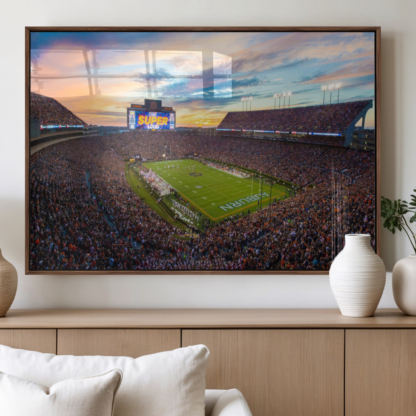 29755746-MGV-FP-36X24-3P_Walnut-Jordan-Hare Stadium Wall Art Canvas Print, Football Stadium Aerial View, College Sports Art for Man Cave or Game Room