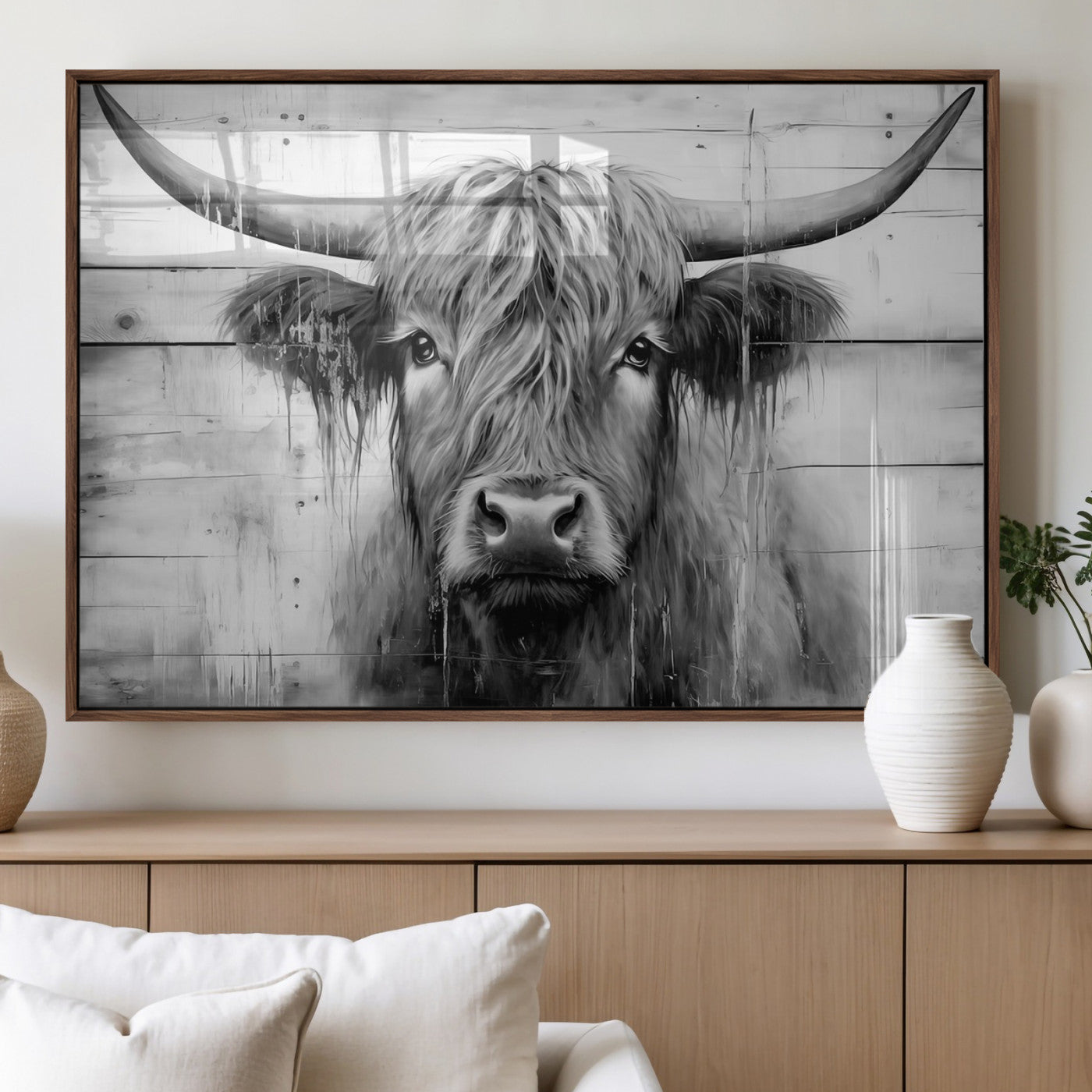 1001HASAN27-MGV-FP-36X24 - Black White Highland Cow Wall Art Canvas Print