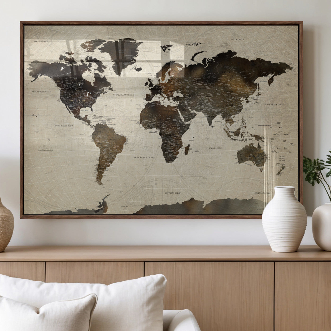 81771296-MGV-FP-36X24 - World Map Wall Art Canvas Print, Modern Decorative Framed Map Artwork Prints for Living Room, Office, Bedroom Wall Decor